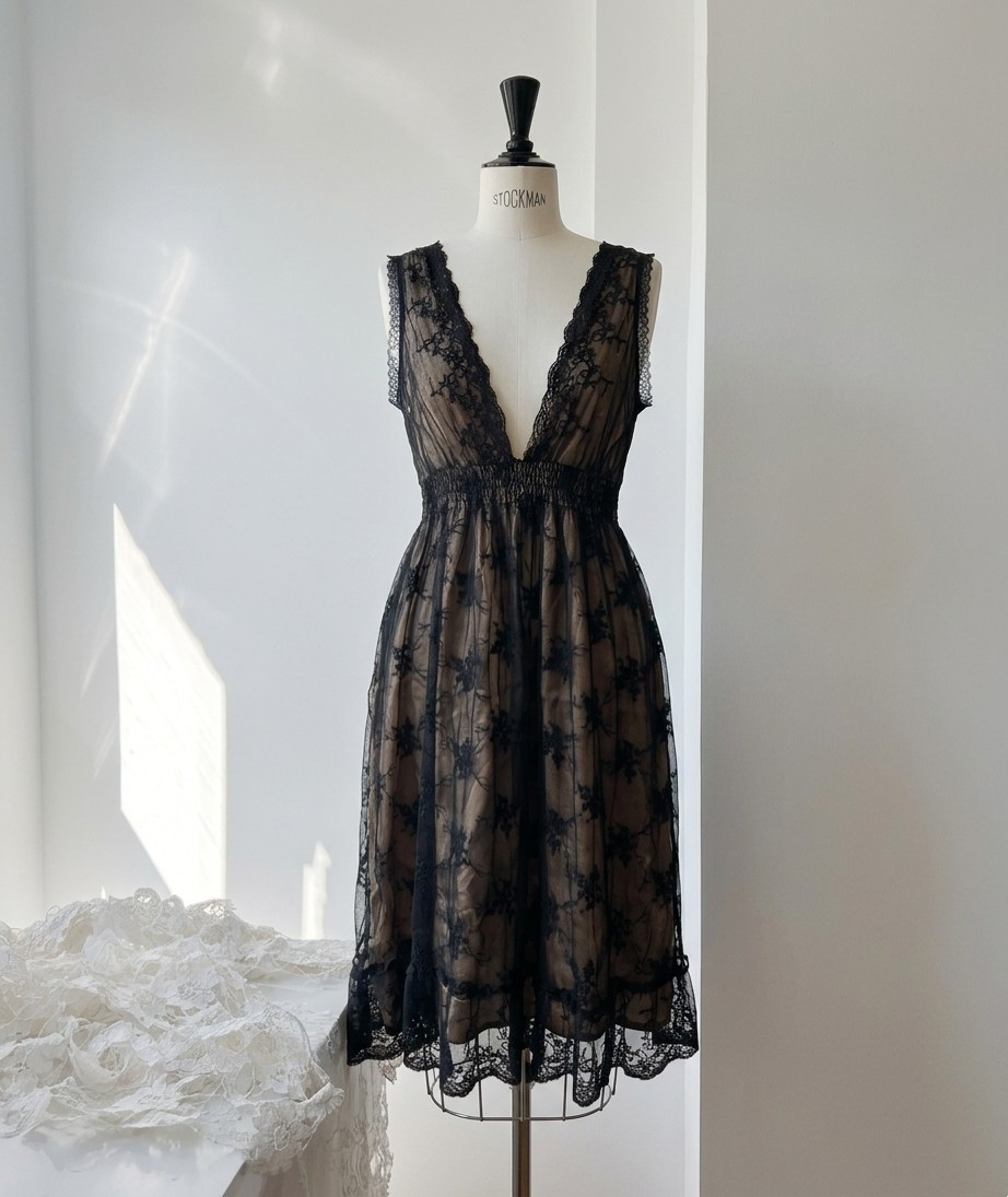 Angie Vintage Lace Dress, Black & Beige Lace Fabric