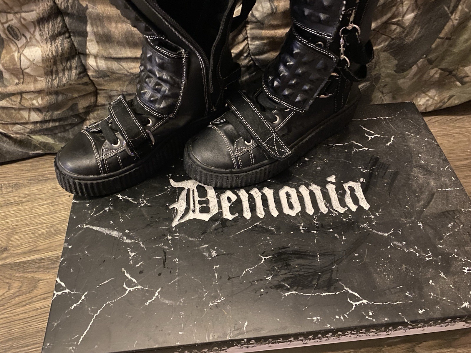 Demonia Women’s Black Knee High Combat Platform Boots Lace-Up Buckle Studs Zip 5