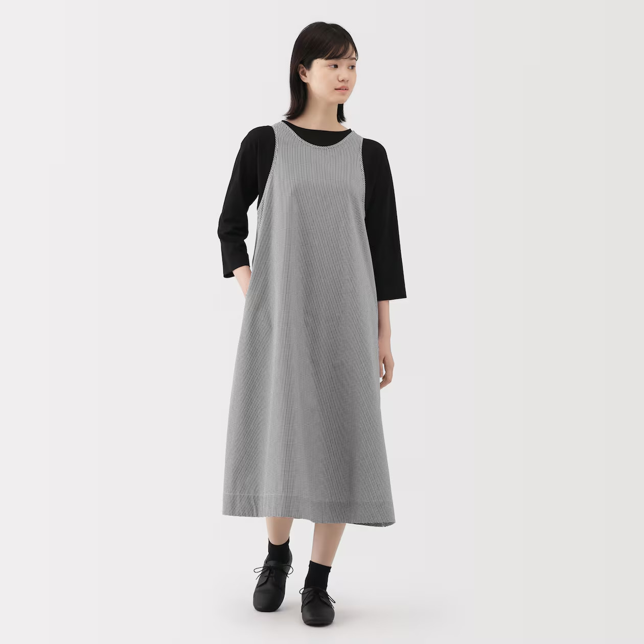 MUJI Womens Quick Dry Broadcloth Sleeveless Dress Dark Navy Check FedEx