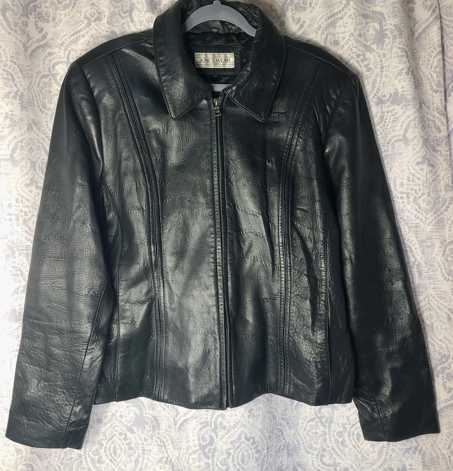 Jones Wear Sport Genuine Leather Womans XL Jacket Black Zip Front Moto EUC