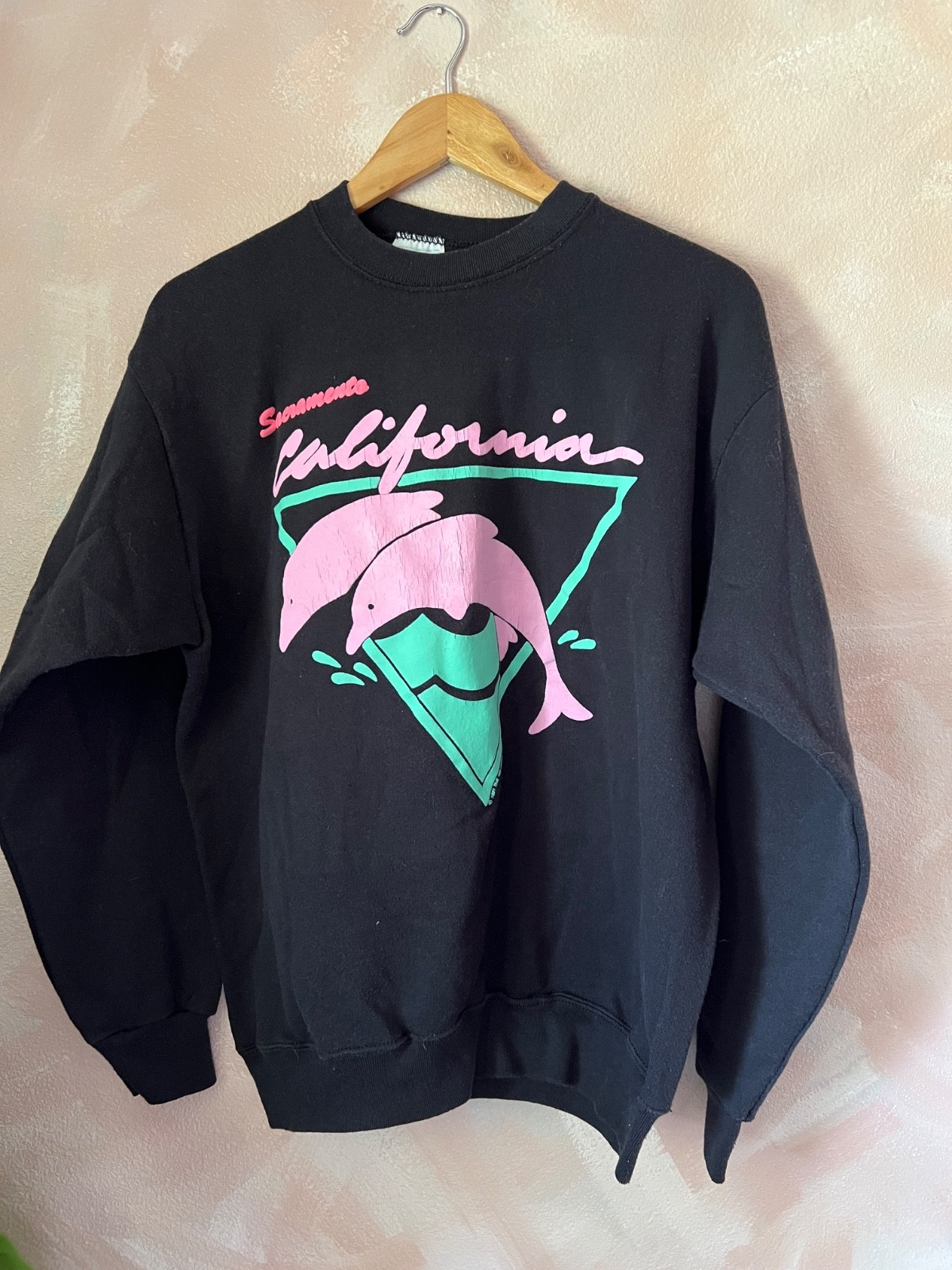 Vintage 1991 Sacramento California Dolphin Sweatshirt L Tultex USA 90s Neon