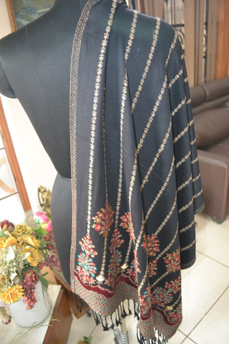 PARTY STOLE SEQUINED EMBROIDERED BEADED JAMAVAR SHAWL~ SILK PASHMINA~16 DESIGN