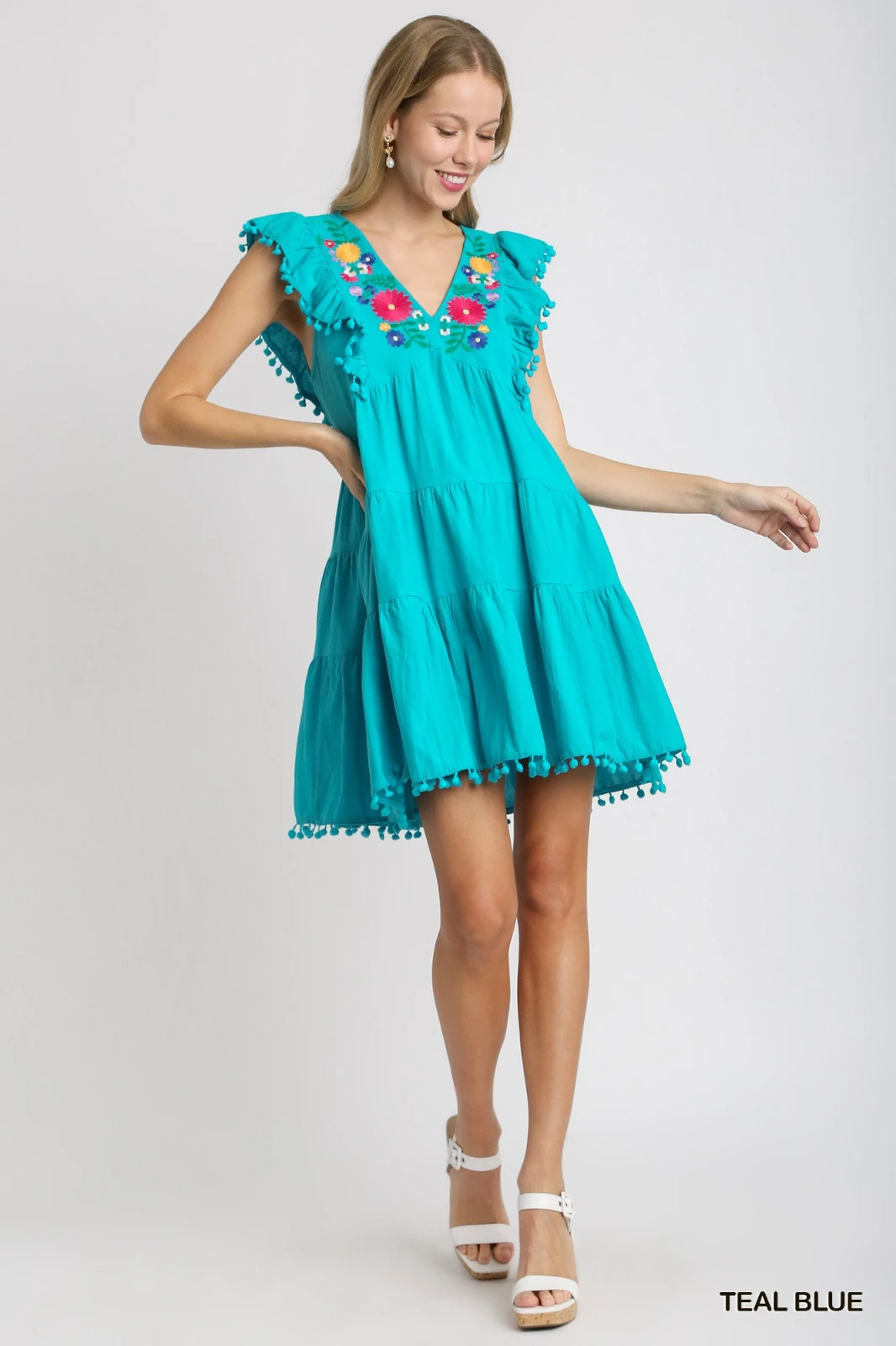 Umgee Turquoise V-Neck Embroidery Short Tiered Dress w/ Flutter Sleeves Pom Poms