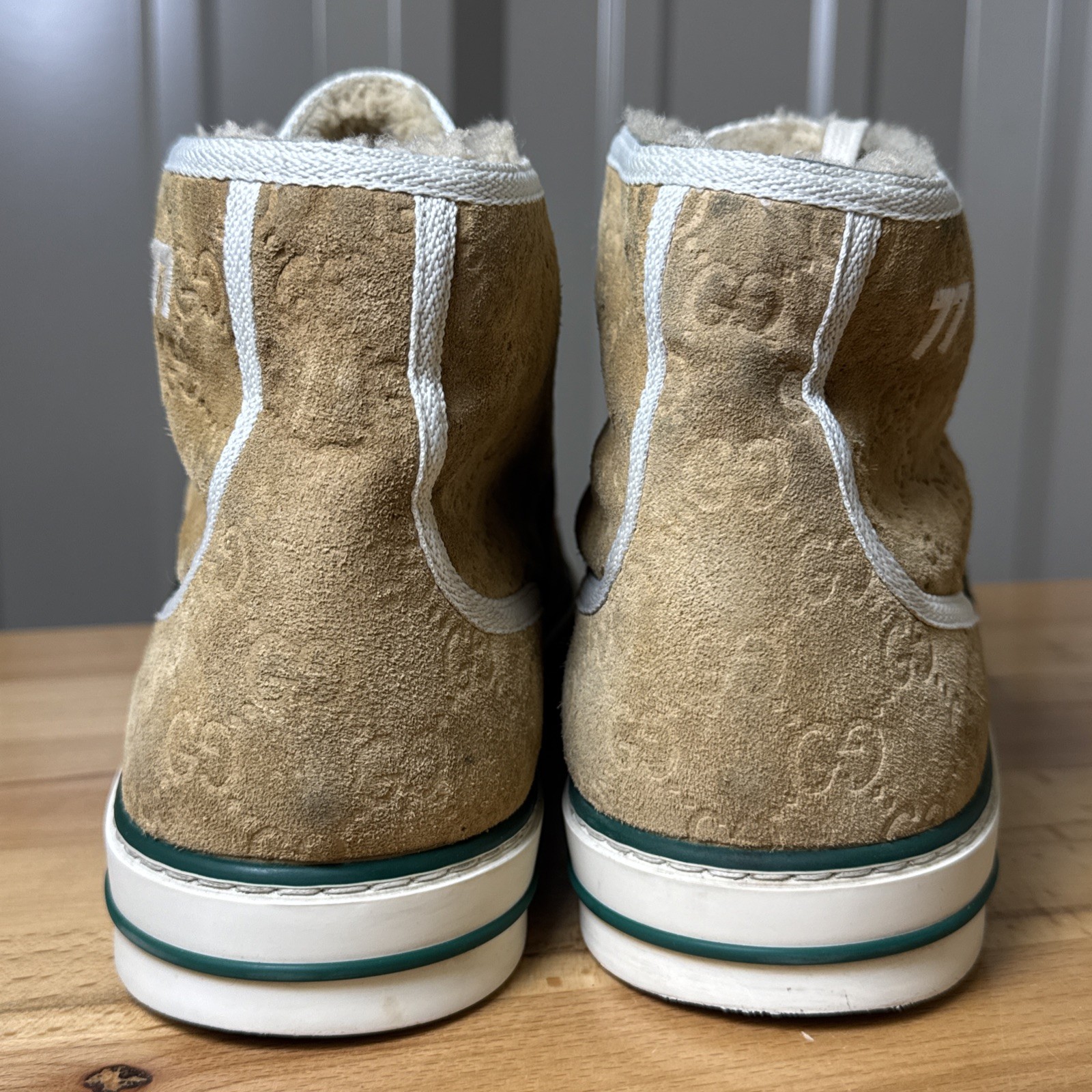 Gucci Tennis 1977 High Top Beige GG Monogram Suede Shearling UK 11 Men’s US 12