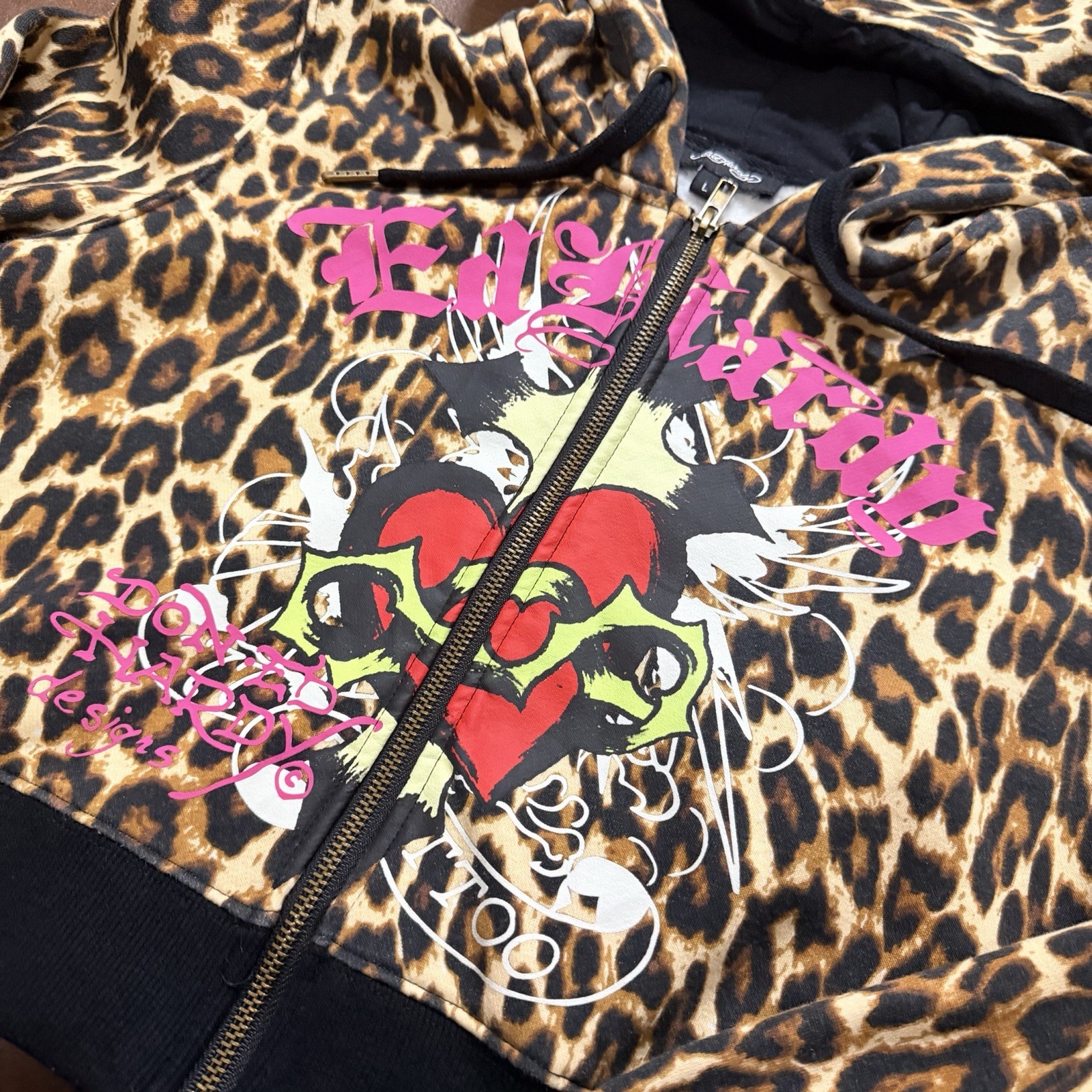 Ed Hardy Leopard Animal Print Zip Hoodie L Women Brown Black Fleece