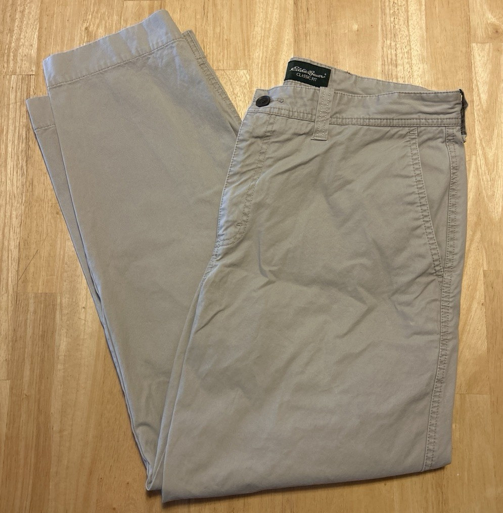 Eddie Bauer Men’s Solid Beige Chino Pants Straight Leg Flat Front Button 34W