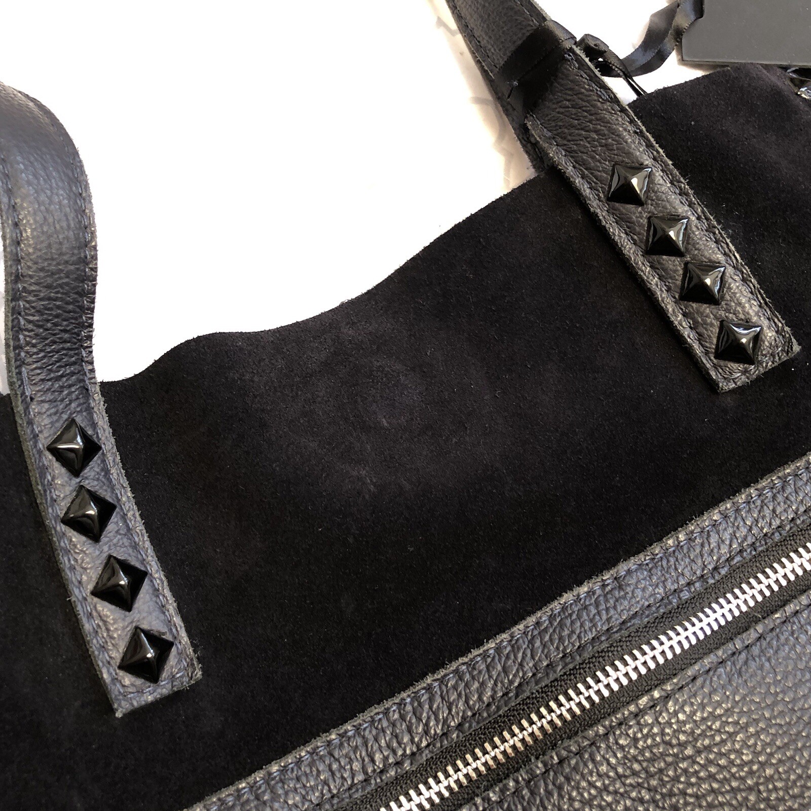 Laggo Miley Navy SDE Suede Leather Tote Bag Pyramid Studs 18.5 x 11.5 x 5 inches