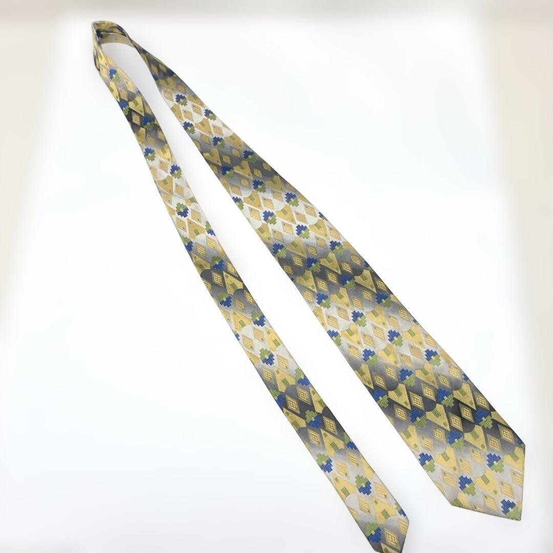 GIANNI VERSACE Tie Geometric Gray Black Yellow Green Blue Vintage Authentic