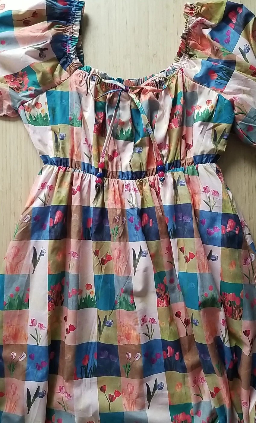 Davi & Dani Checkered Tulip Print Midi Dress NWT Spring Floral Beaded Tie Neck