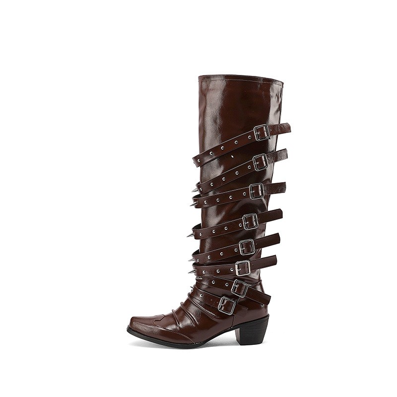 Rivet Cowgirl Knight Boots Women Pointy Toe Multi Buckles Low Heel Western Shoes