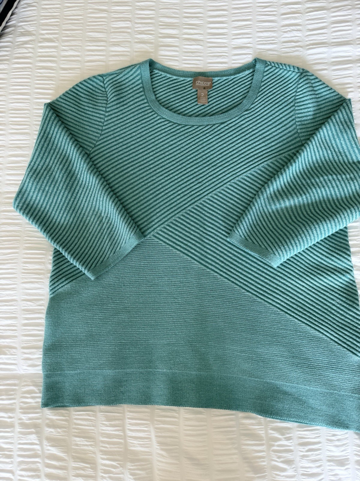 Women’s Chicos Size 2 ( Large) Teal Textured Mid Weight 3/4 Sleeve Sweater EUC