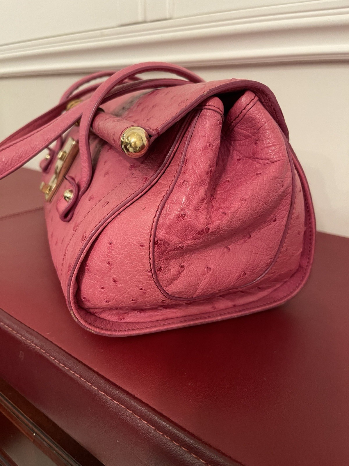 Gucci Ostrich Bullet Bamboo Gold Hardware Turn Lock Closure with Tag