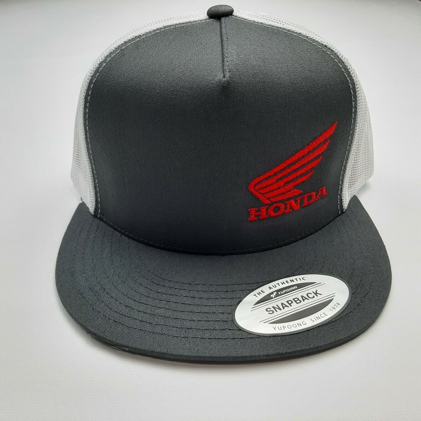 Honda Motorcycles Flat Bill Cap Hat Trucker Mesh Snapback Gray White Yupoong