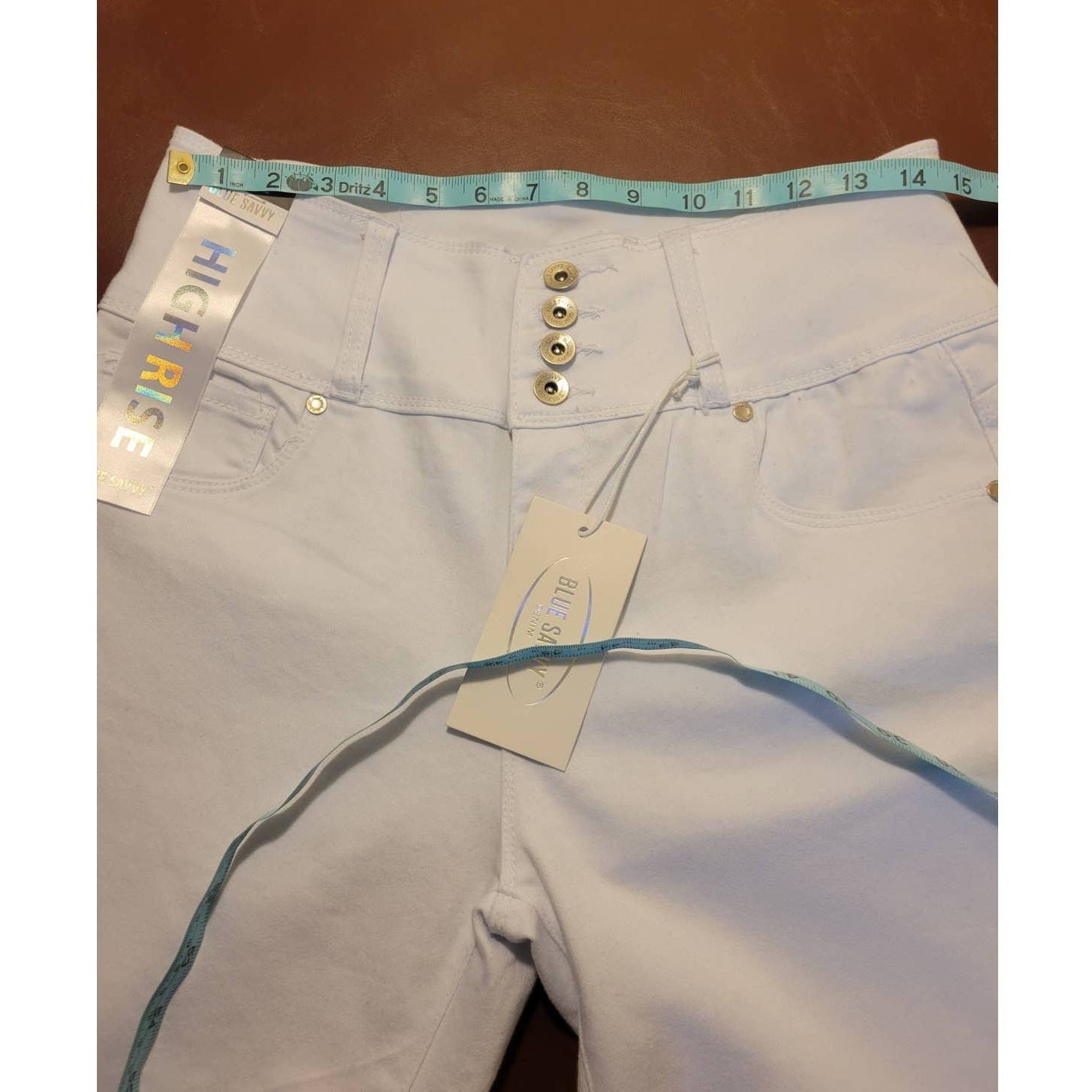 NEW High Rise Jeans 4 button Blue Savvy White Straight Leg Ankle Size 15 / 32