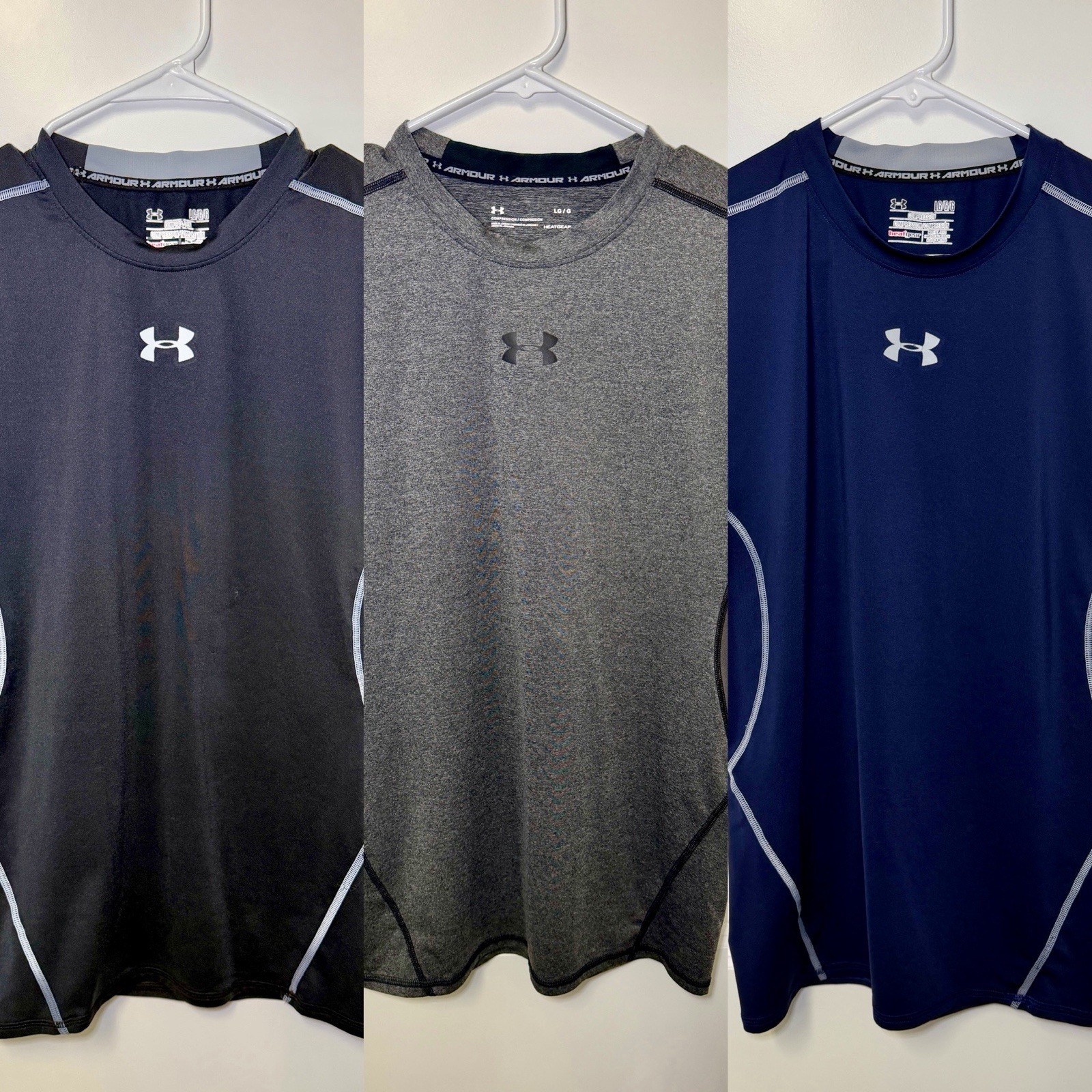 Under Armour Sleeveless Heatgear Compression Shirt Lot 3x Black Gray Blue Large