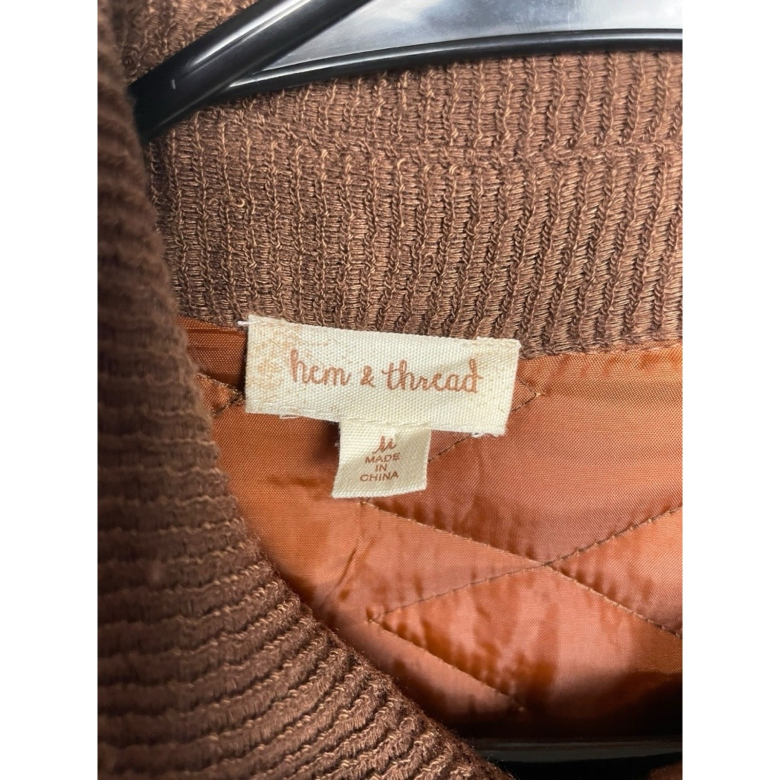 Hem & Thread Brown Quilted button up Jacket with Rib Knit Collar Medium