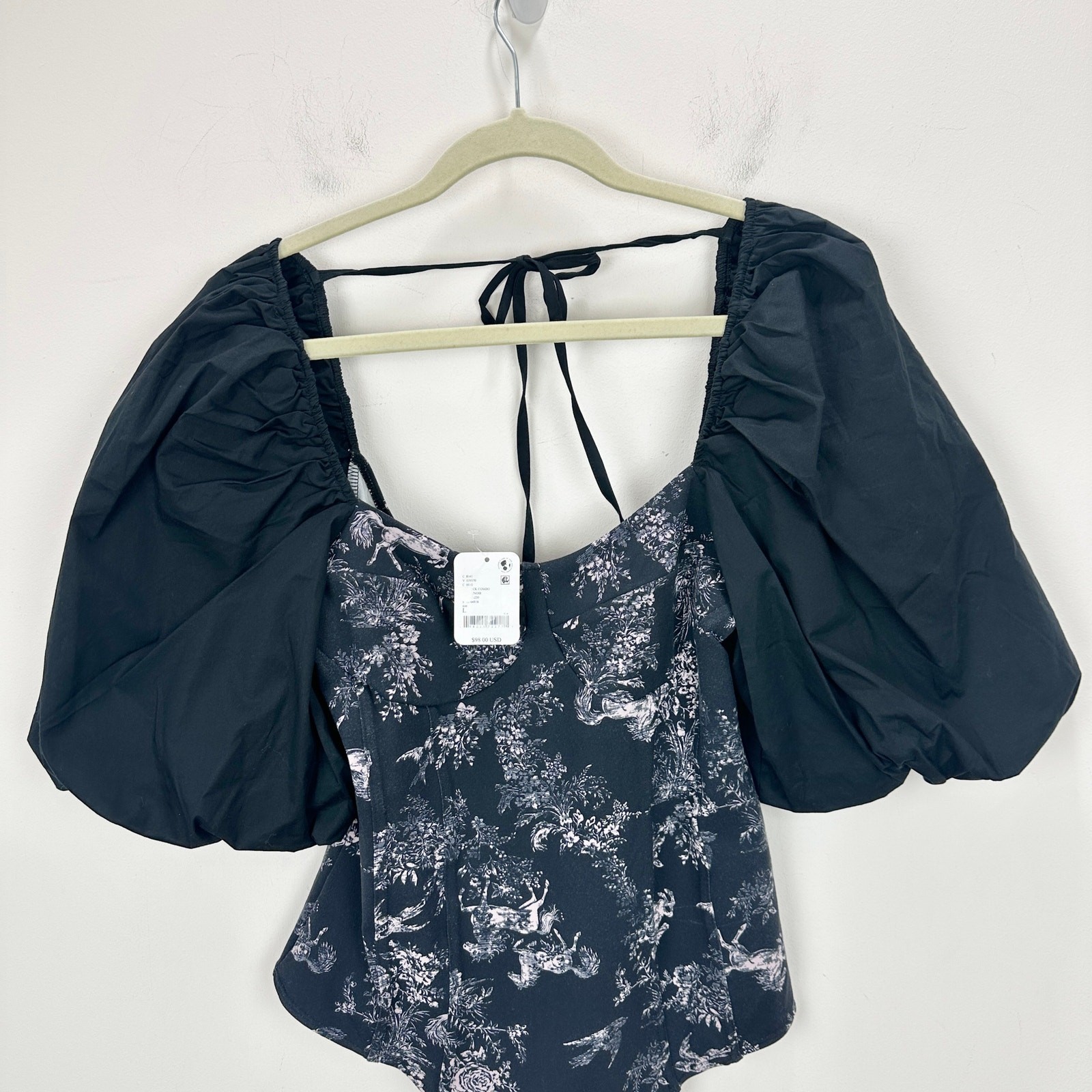 Free People Prarie Rose Puff Sleeve Bodysuit Black Coquette Romantic Large NWT