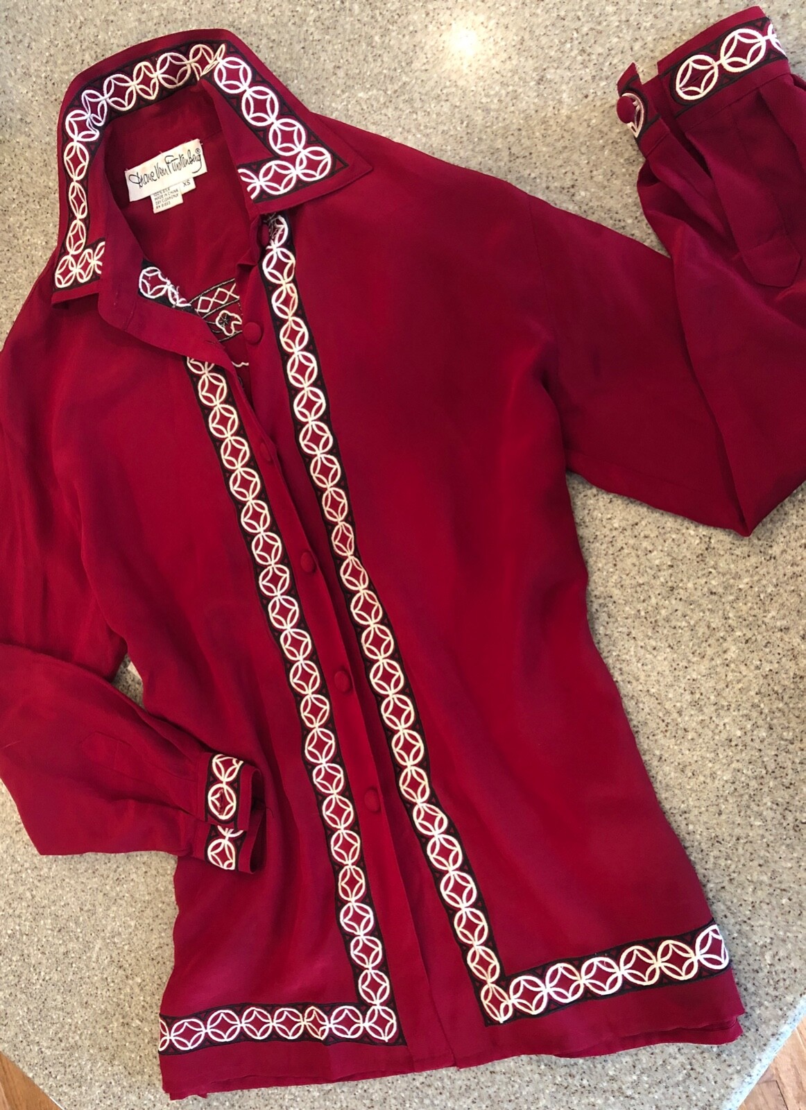 Vtg 90s DIANE VON FURSTENBURG Red Silk Asian Inspired Artsy Embroidered Tunic XS
