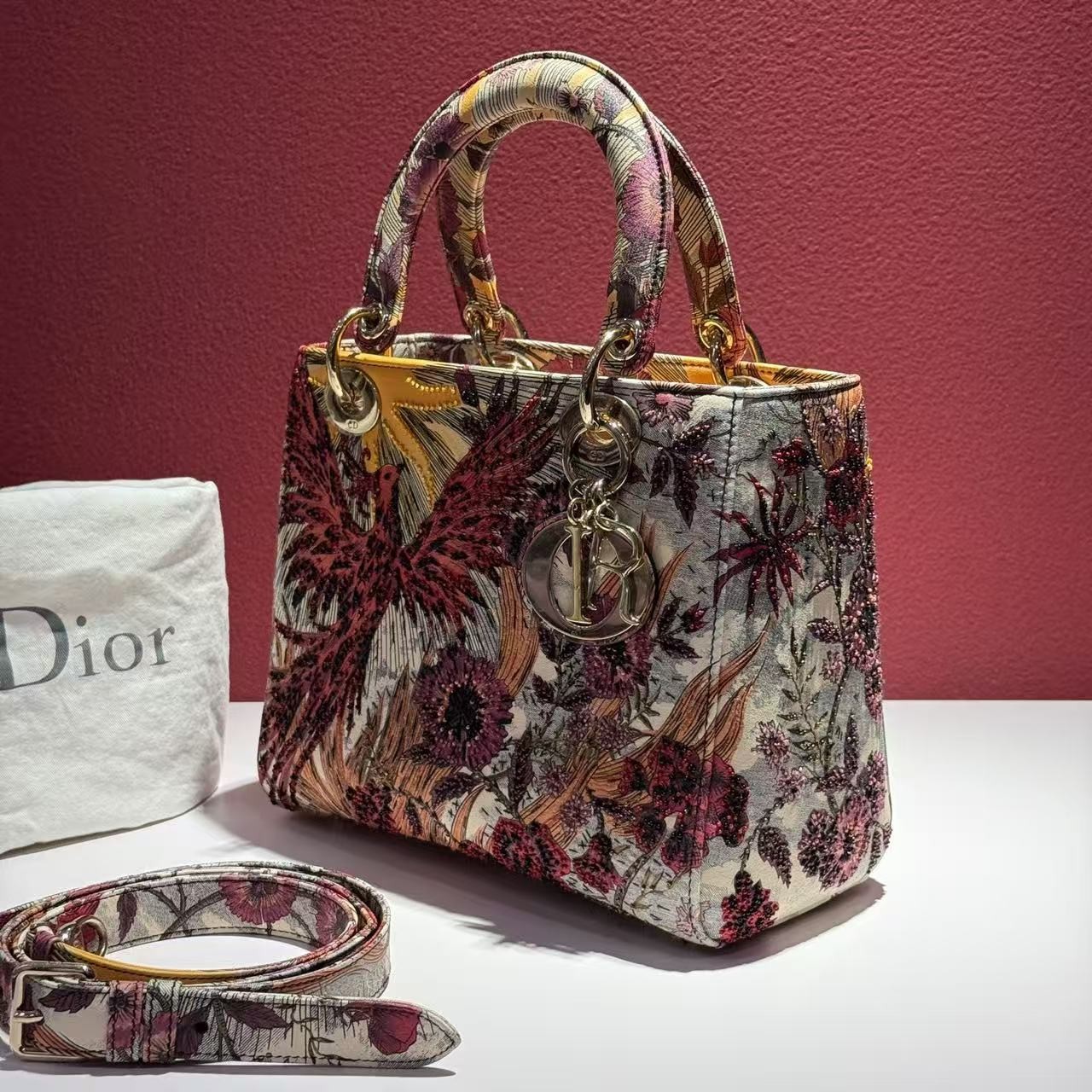 Auth Christian Dior Lady D-Lite Phoenix Floral Beaded Embroidery Handbag Rare