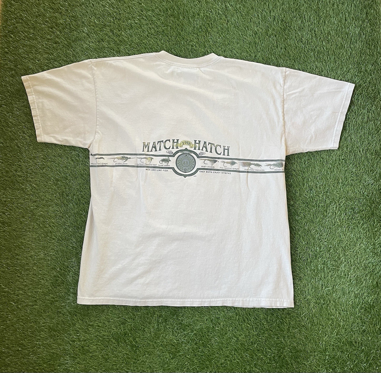VTG 90s Funny Fishing Men Are Like Fish, They Both Enjoy Nymphs Hatch Utah XL