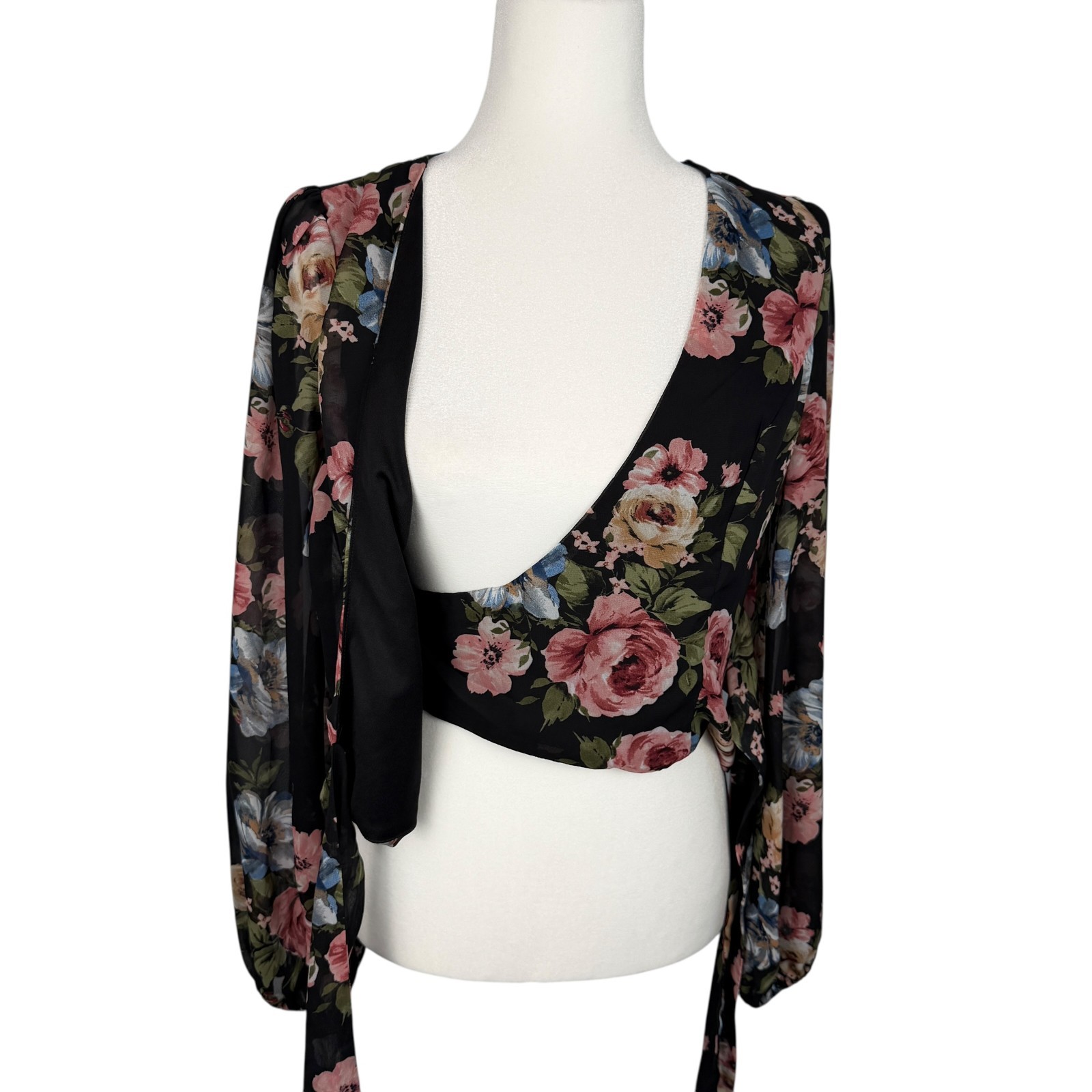 Women’s Black Dark Floral Wrap Blouse Top S Cropped Chiffon Date Party Festival