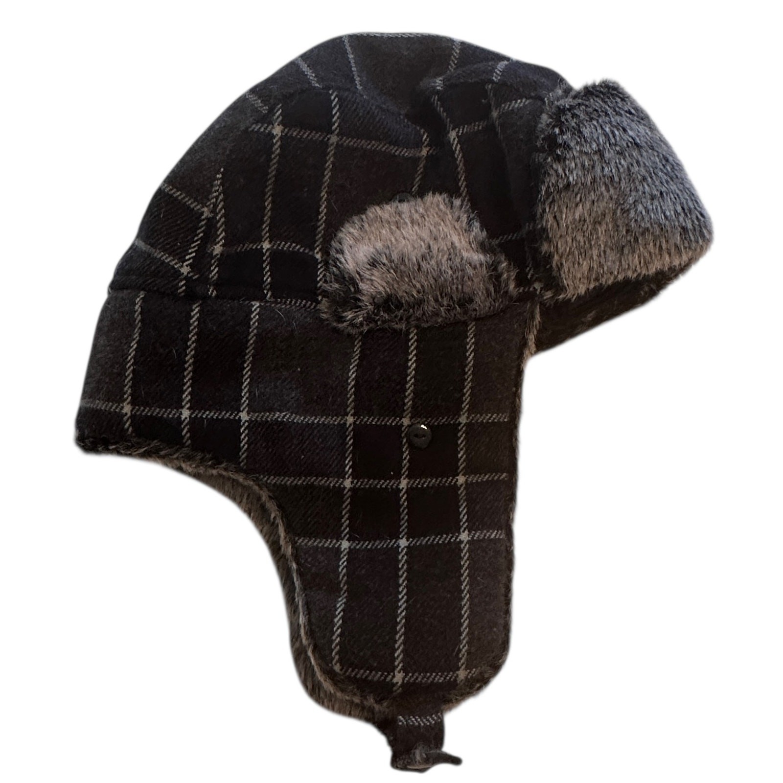 Dockers Trapper Hat One Size Gray Plaid Sherpa Faux Fur Trim Quilted Lined Warm