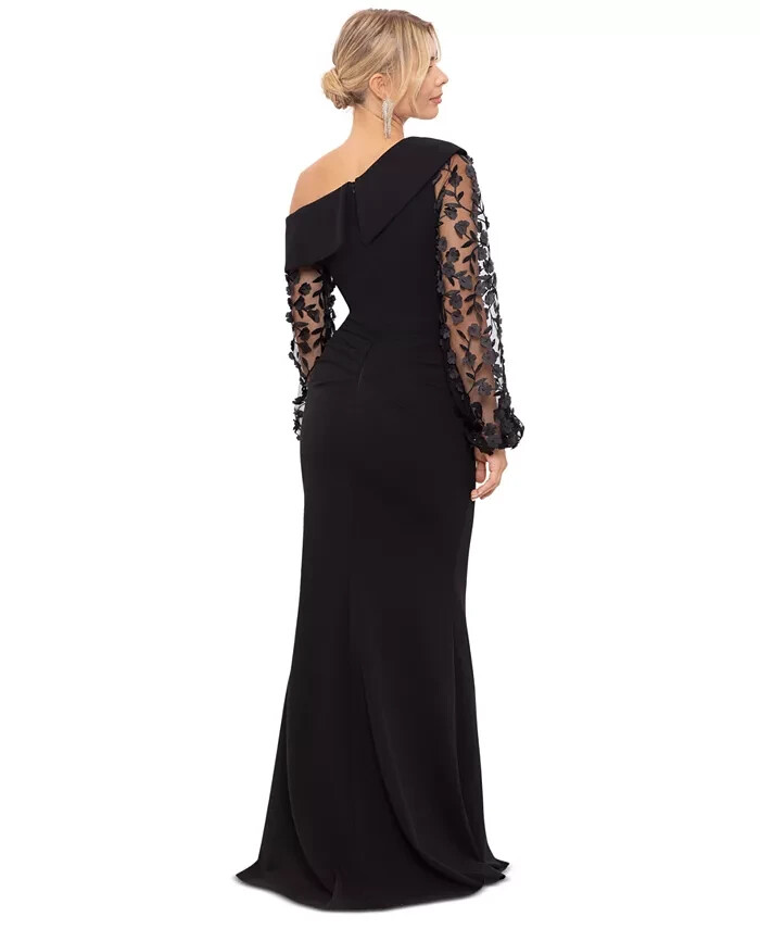 Xscape Black Floral Applique Long Sleeve Scuba Crepe Gown Size 14W $298