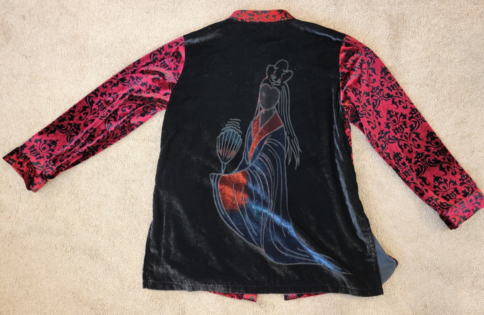 Look East Velvet Burnout Button Top Tunic Geisha Asian Women’s Large Red Black