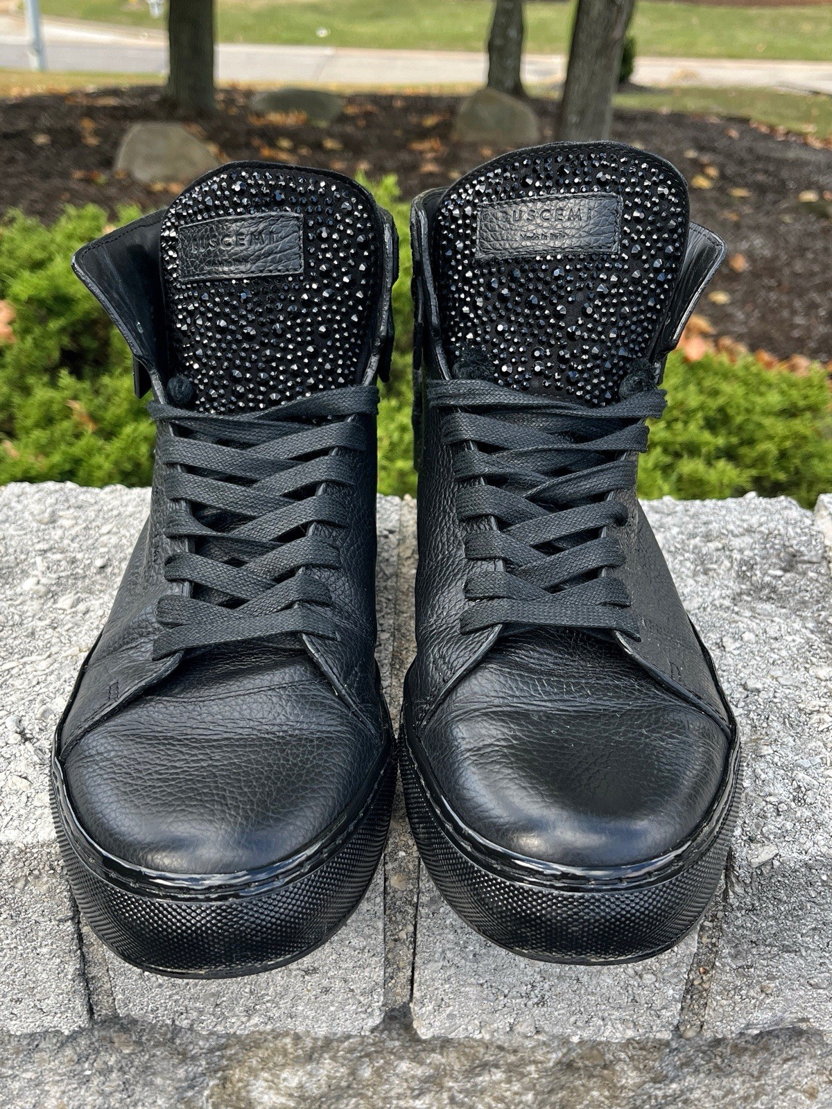 Mens Buscemi Black Leather 125MM High Top Swarovski Designer Sneakers US 10 EU43
