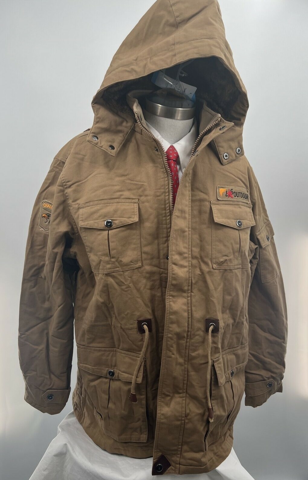 Magcomsen Men’s Hooded Sherpa Lined Cotton Khaki Tactical Casual Jacket Size XL