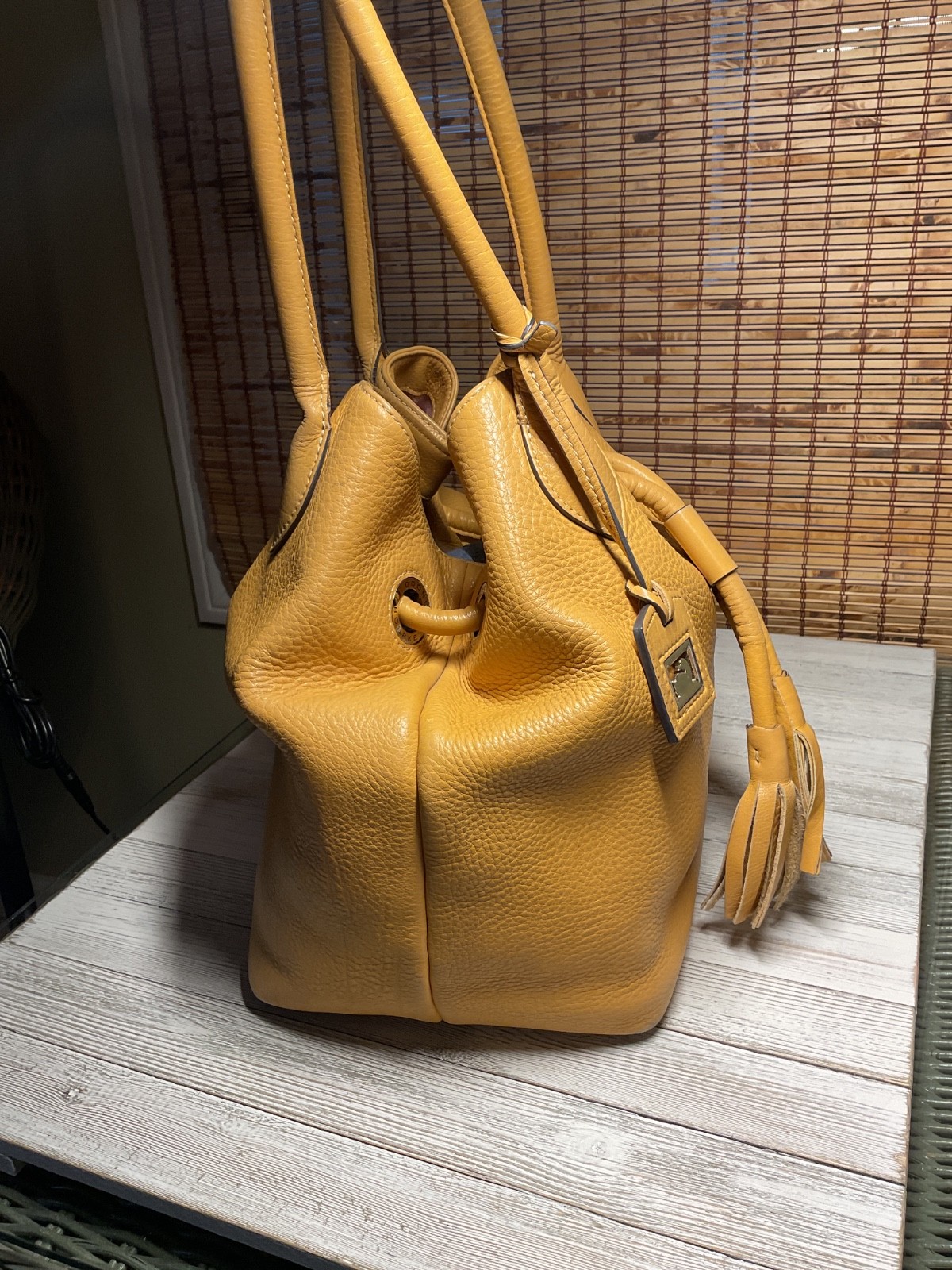 Dooney & Bourke Portofino Yellow Leather Grommet Drawstring Large Shopper Bag