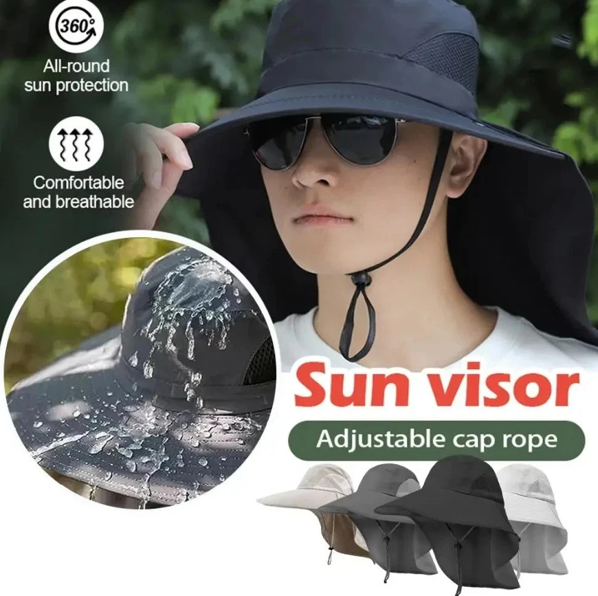 1pc Wide Brim Sun Hat with Neck Flap 50+ UPF Protection Outdoor Safari Cap – NEW