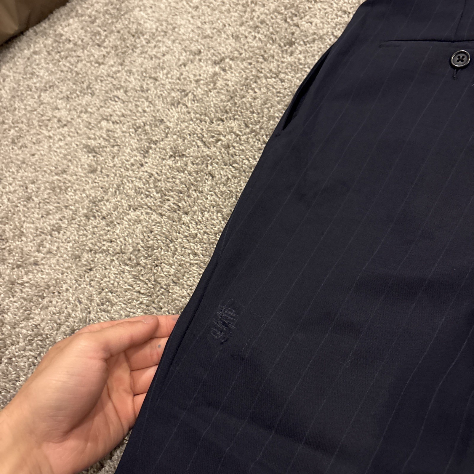 Tom James Mens 42R Pinstripe 2 Piece Suit Blue Corporate Image Pleated 36×32