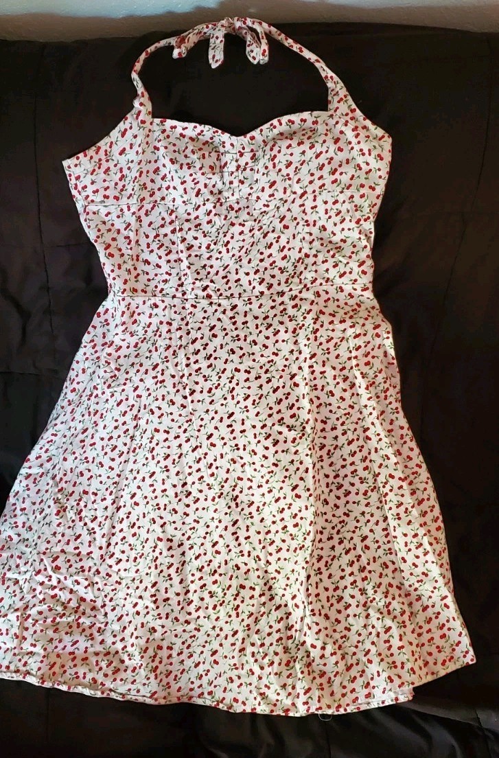 Halter Rockabilly Swing White & Red Cherries Dress Sz L