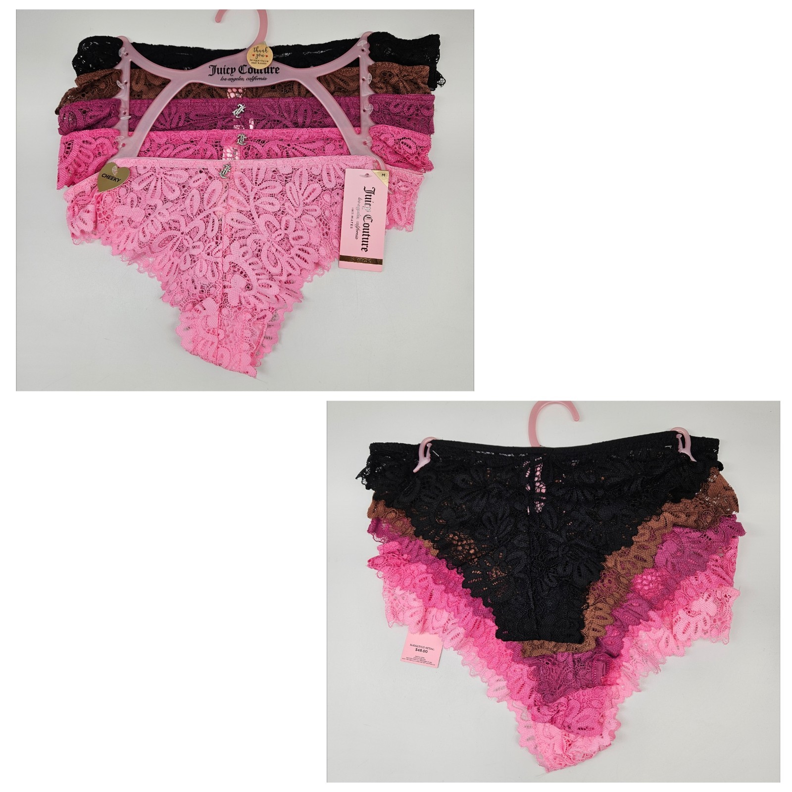 5 Pack JUICY COUTURE Women M L XL Lace Rhinestone Logo Cheeky Panties Black Pink