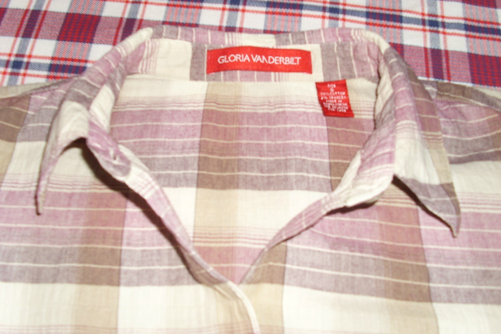 Gloria Vanderbilt-Women’s LS Blouse Sz S, Button-front,Cotton Blend, Mauve Plaid