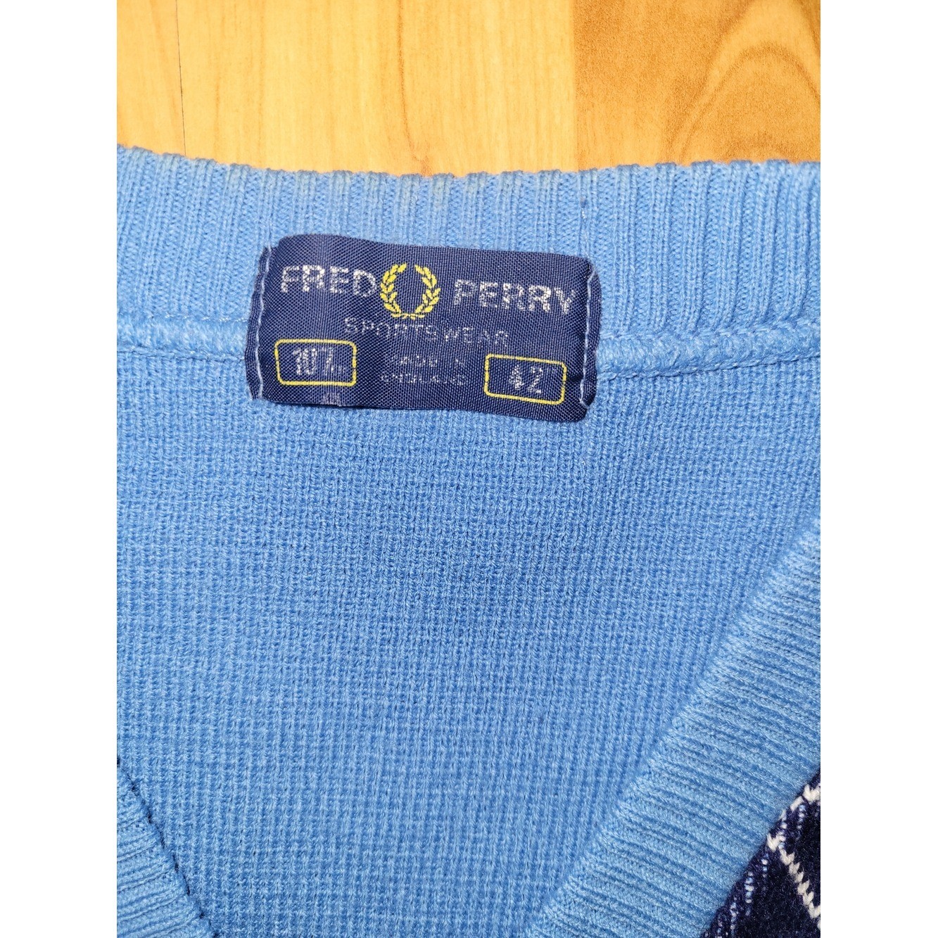 Fred Perry Argyle V-Neck Light Baby Blue Sweater, Made In England, Large