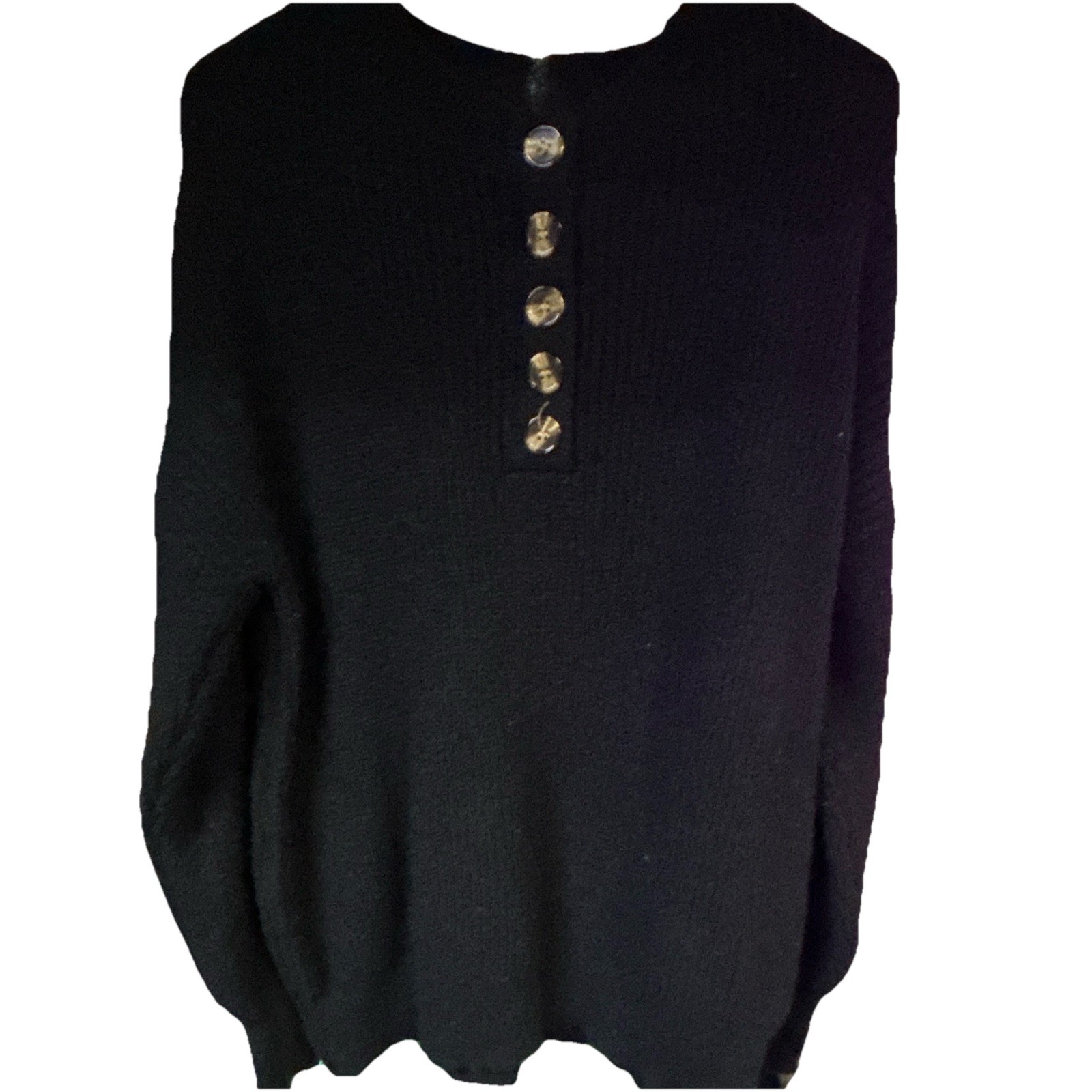 FME Women’s Black Viscose Knit Pullover Sweater L Long Sleeve Button Placket