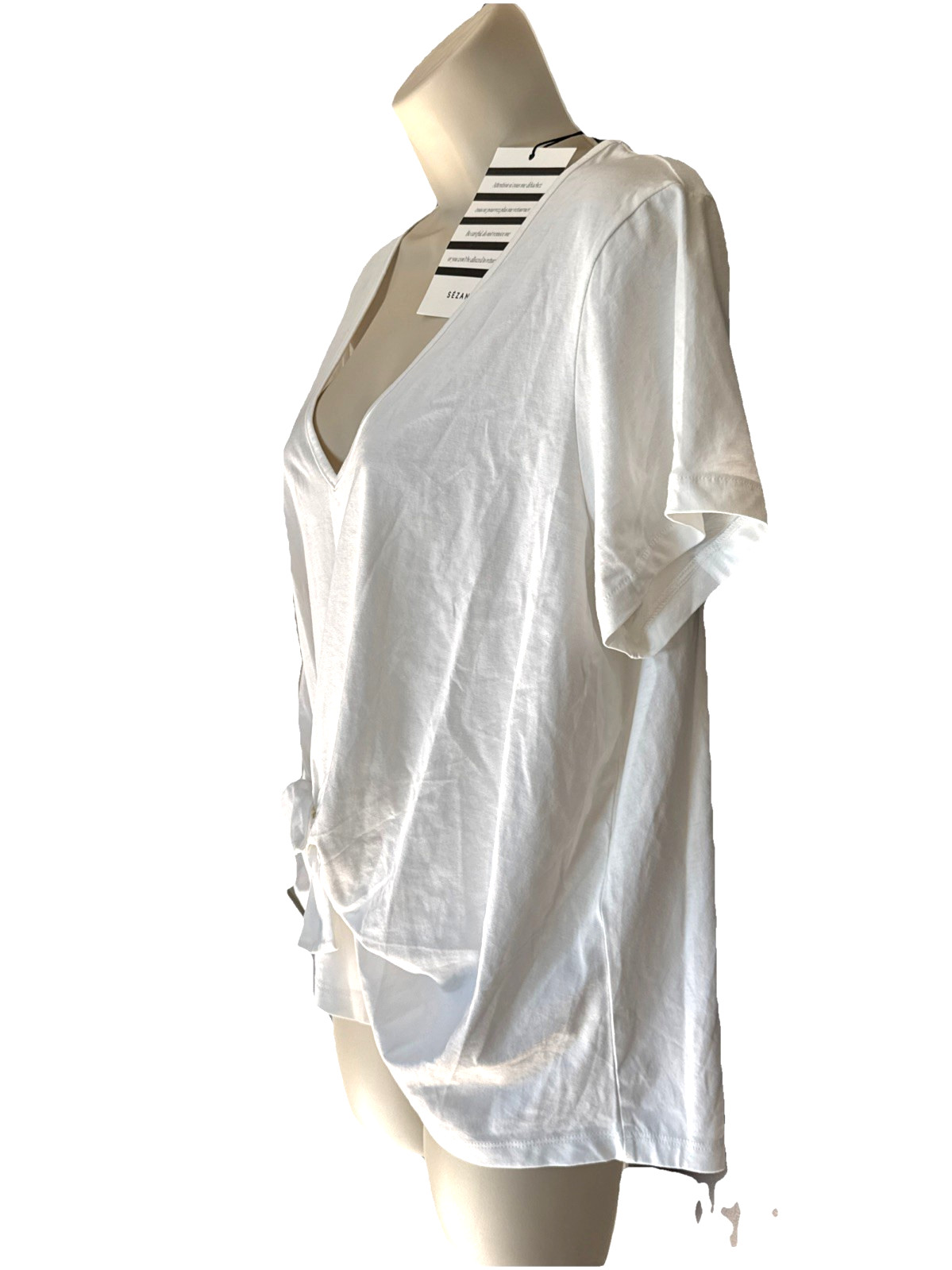 NWT Sezane Domingo Tee Size L White Cotton Tie Front Short Sleeve Top