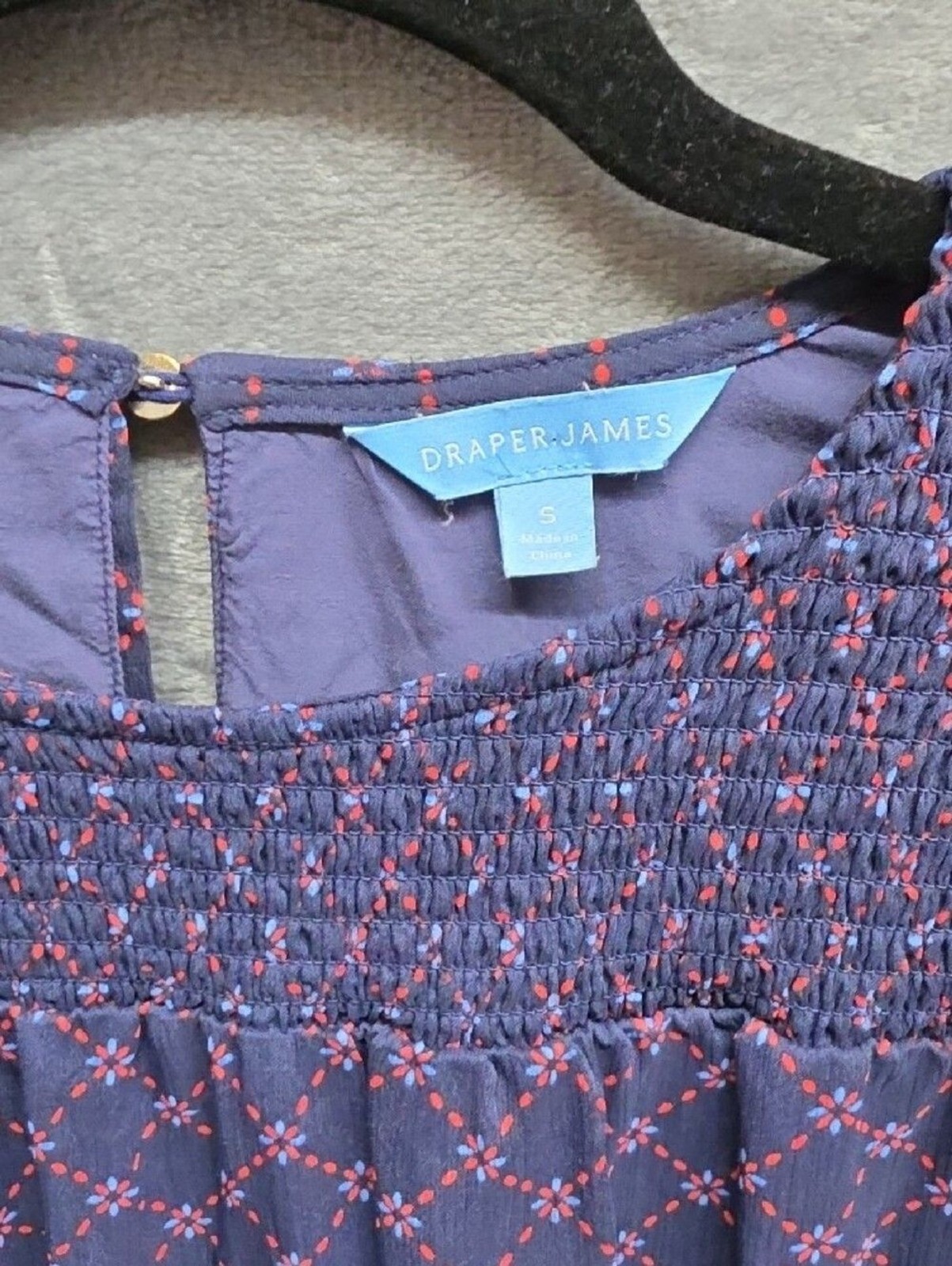 Draper James Navy Smocked Yoke Blouse with Pink Geometric Print