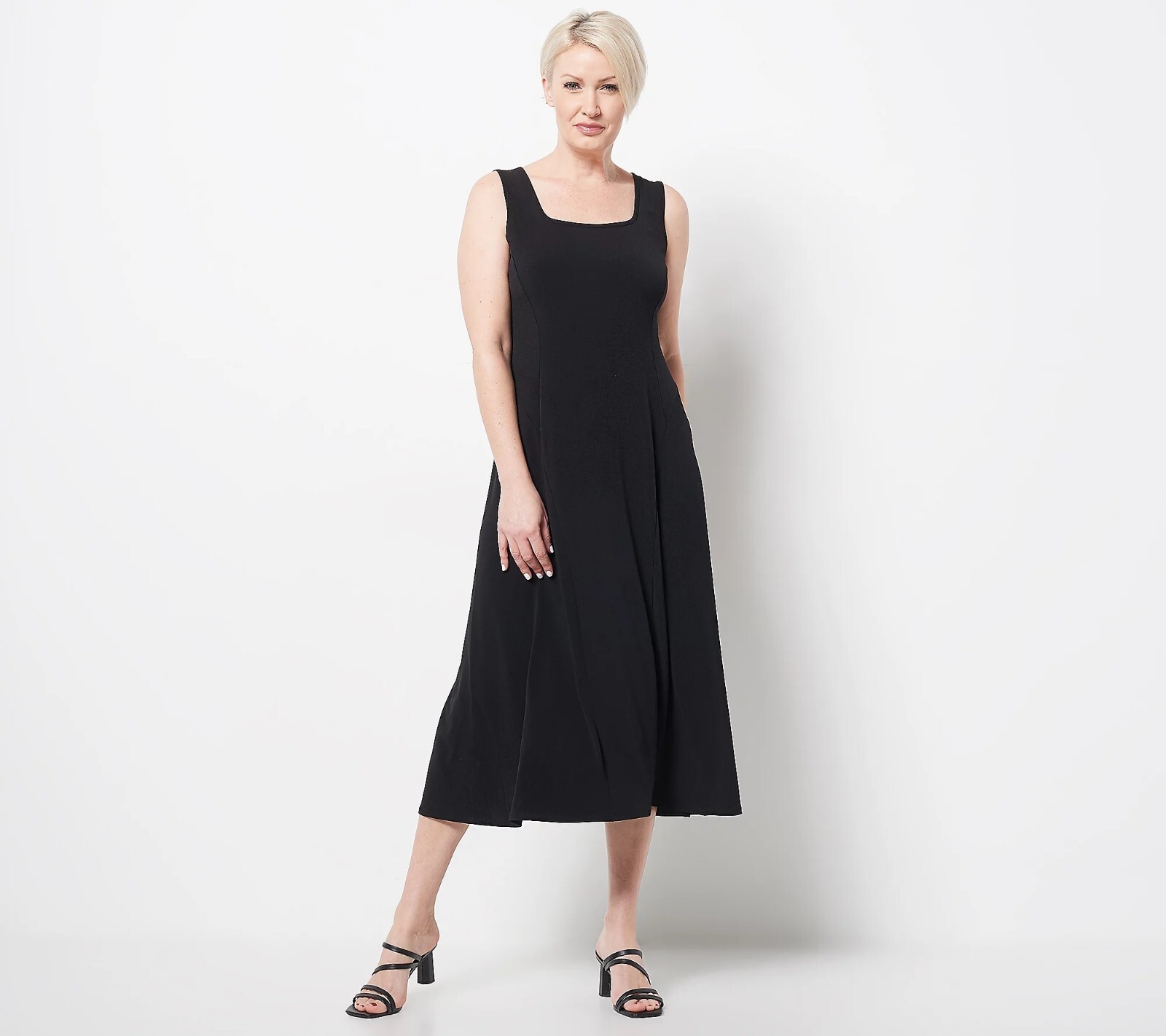 NWT SUSAN GRAVER REGULAR LIQUID KNIT SLEEVELESS MIDI DRESS, BLACK, LARGE