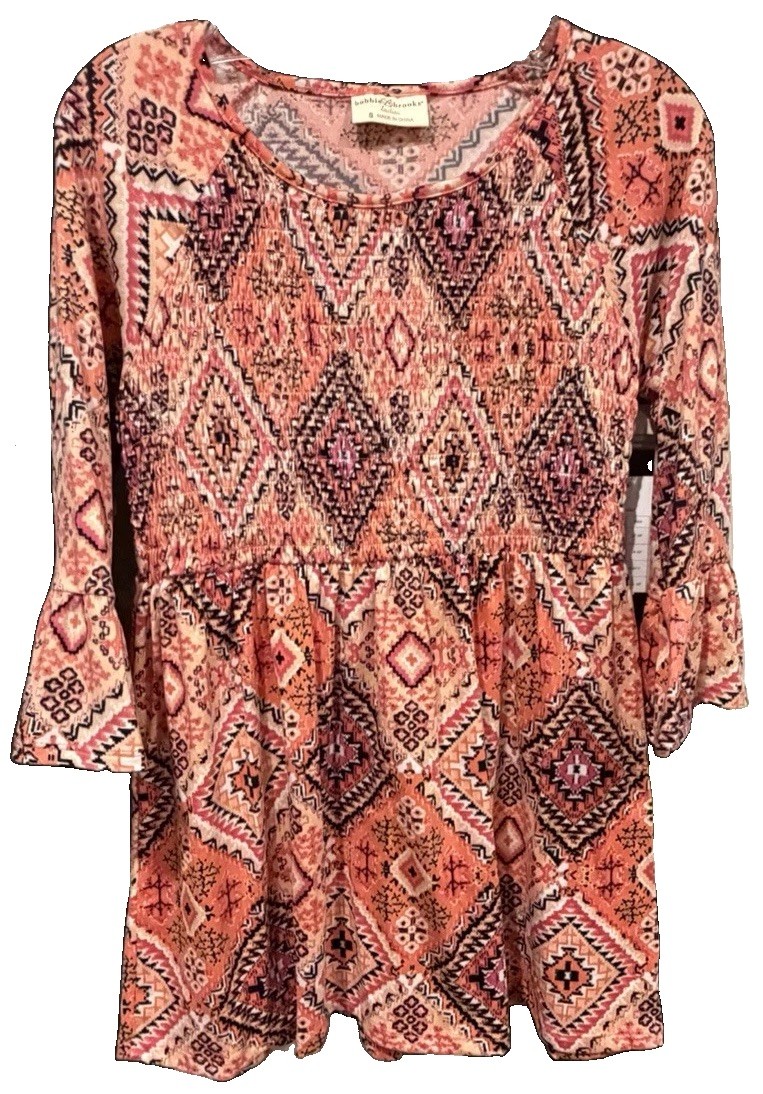 Women’s Bobbie Brooks Large Boho Babydoll Top Ruche Geometric NWT Long Sleeve