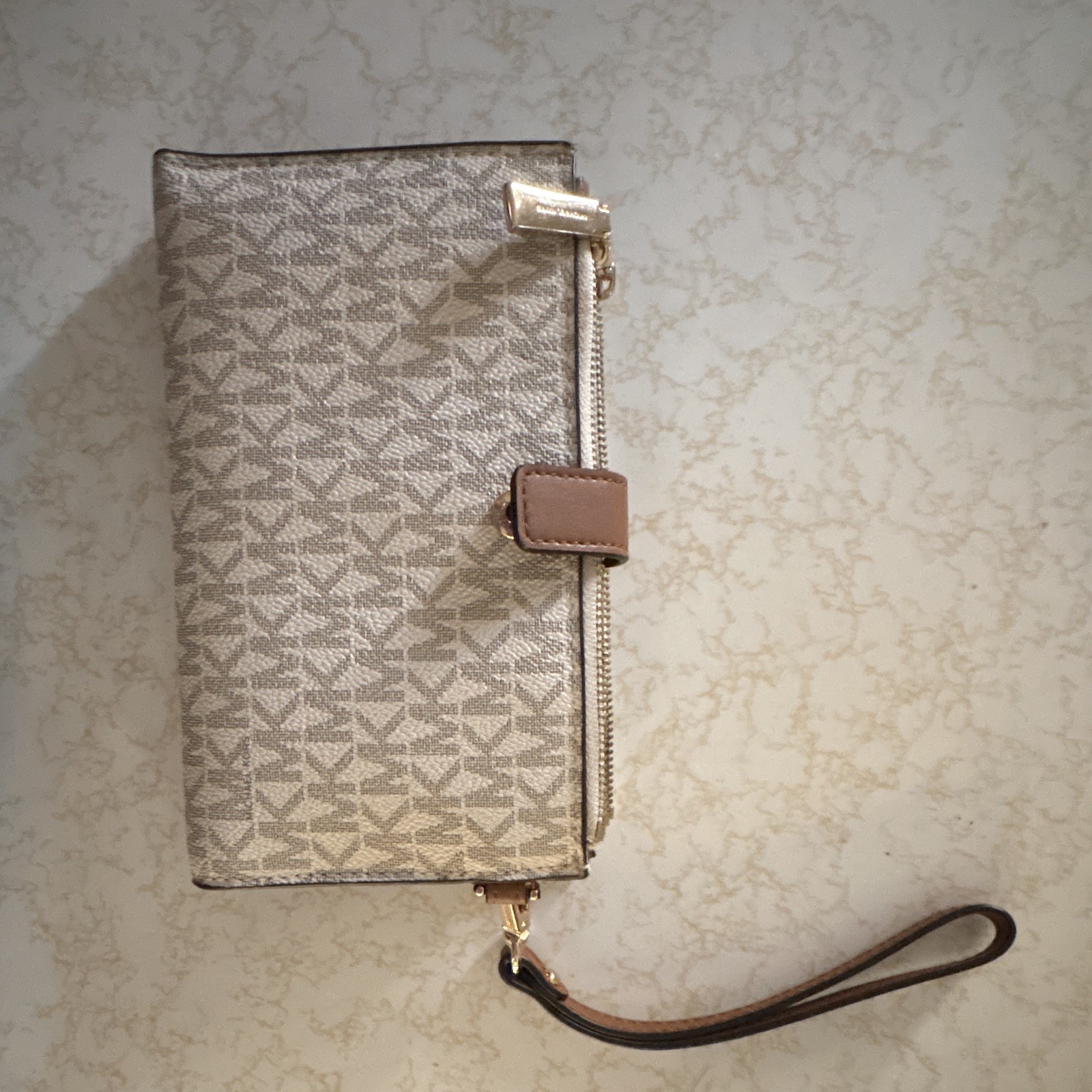 Michael Kors Logo Print Zip Wristlet Wallet, Credit Card, Beige/Brown