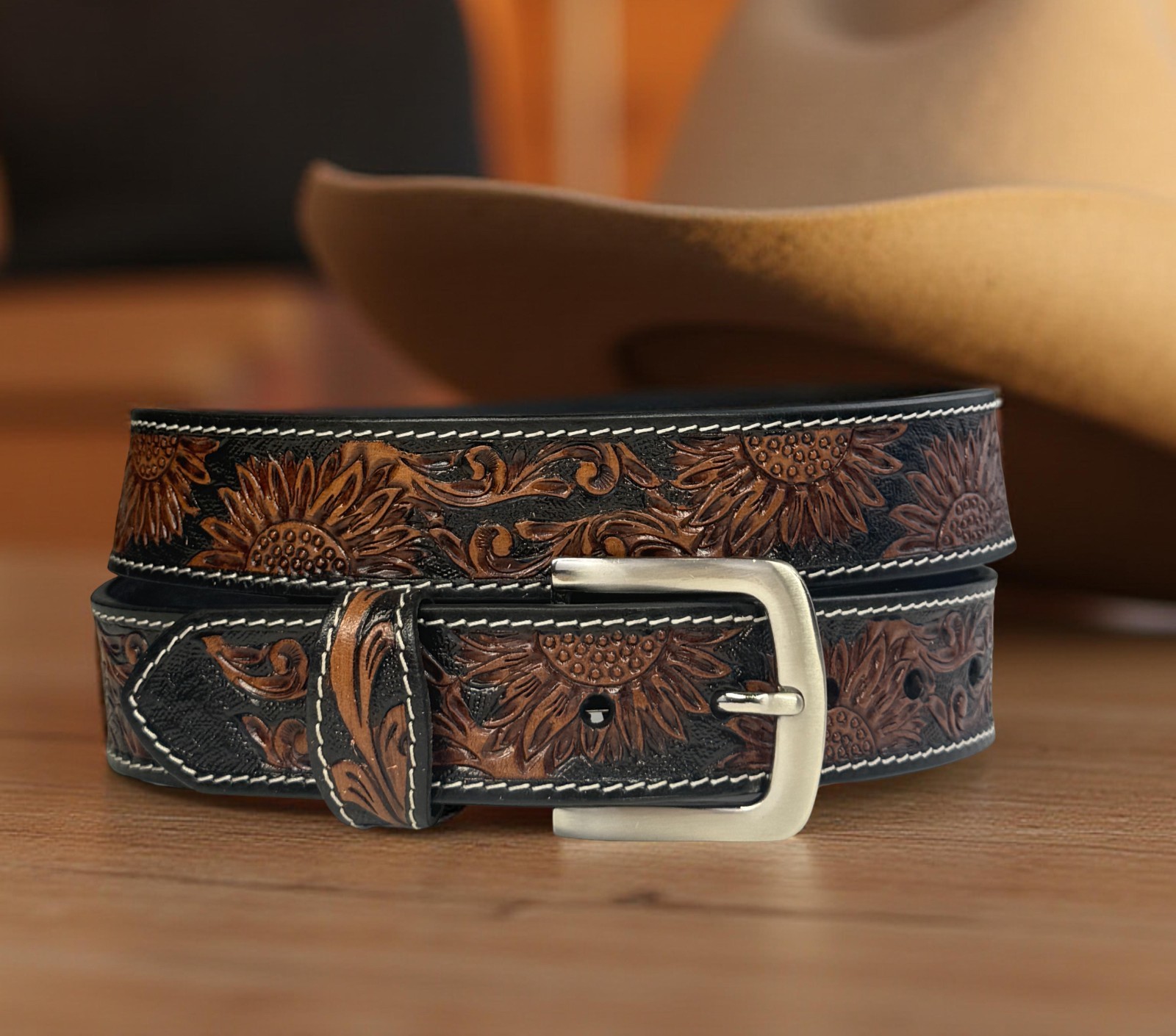 Western Leathe Belt Cowboy Rodeo Full Grain Leather Hand Tooled Removable Buckle
