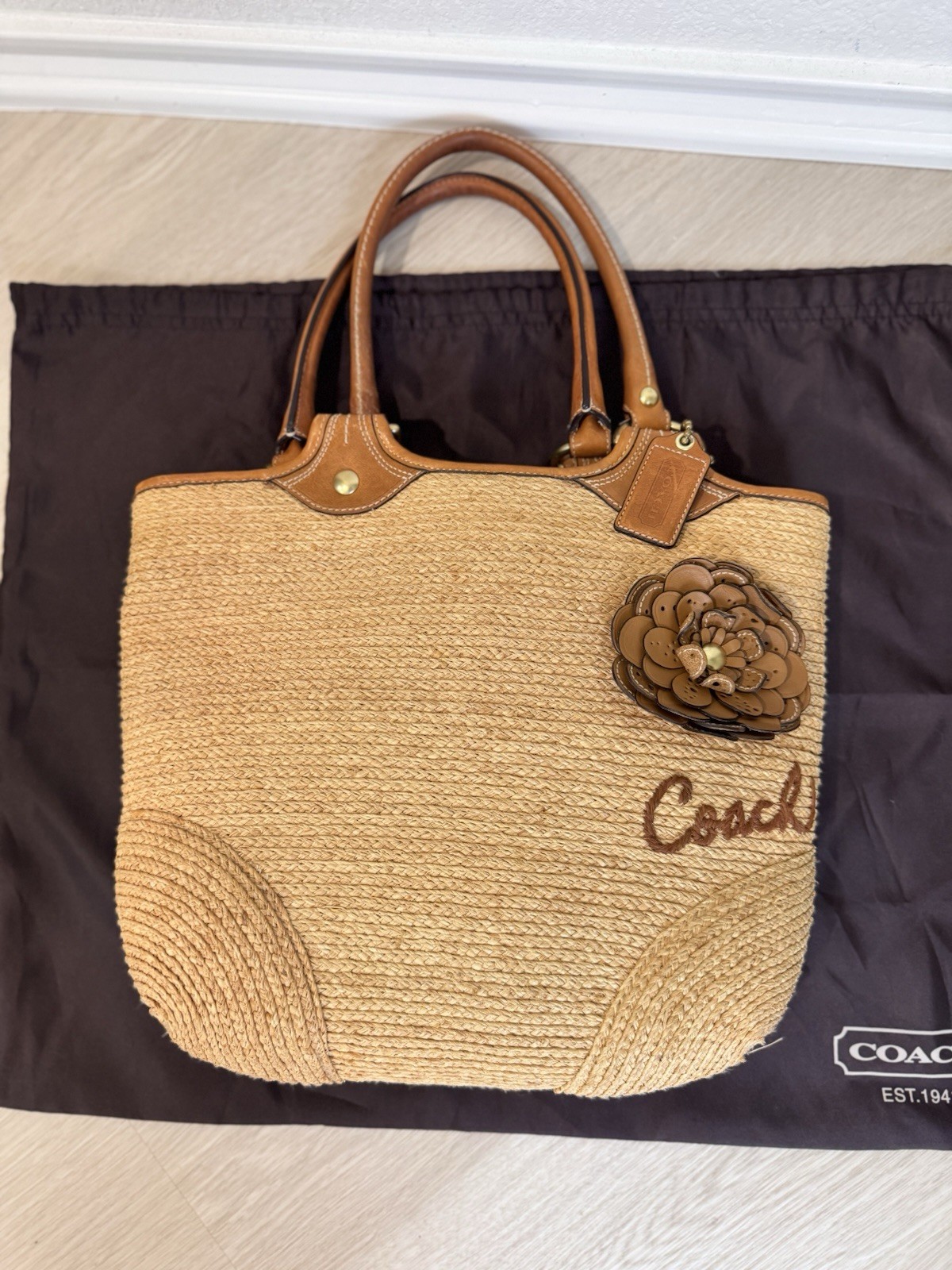Vintage Y2K Coach Bleecker Straw Flower Tote Handbag