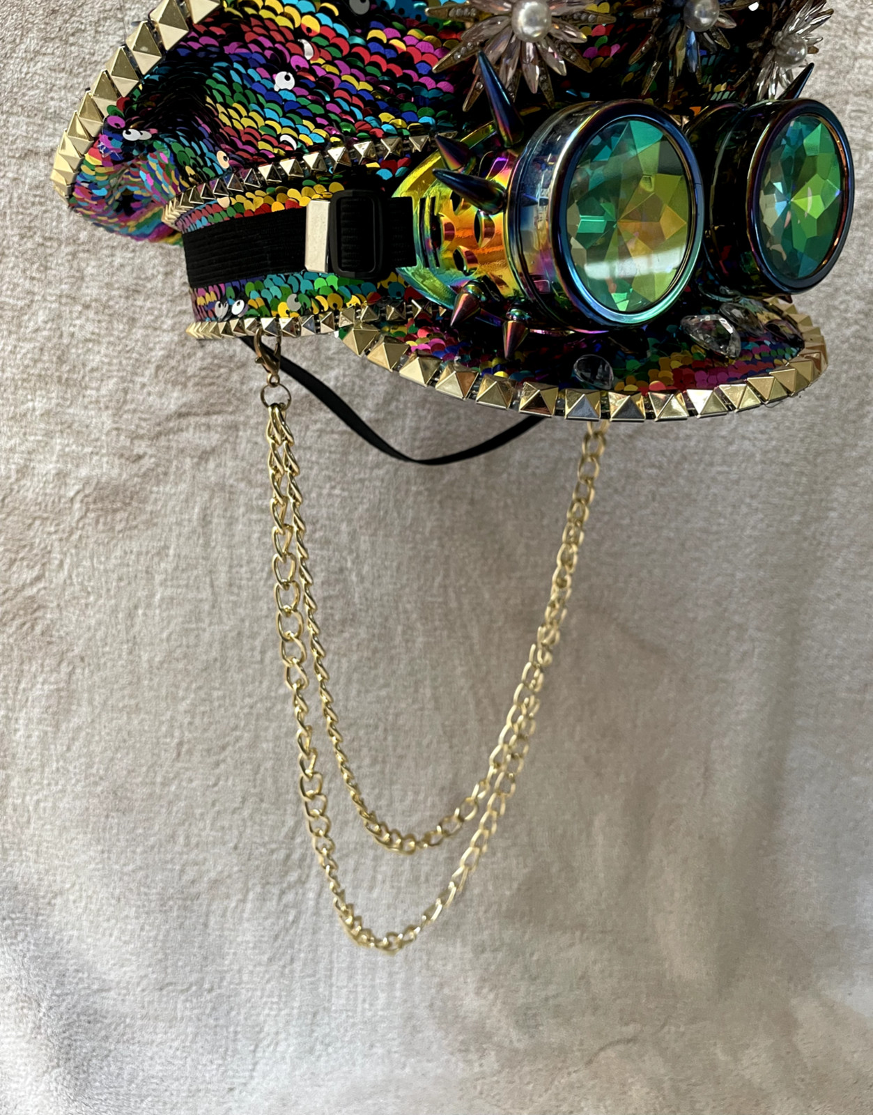 Hat Sequin Festival Military Punk Army Officer Cap 7 3/8″ Inner + Strap + Chains