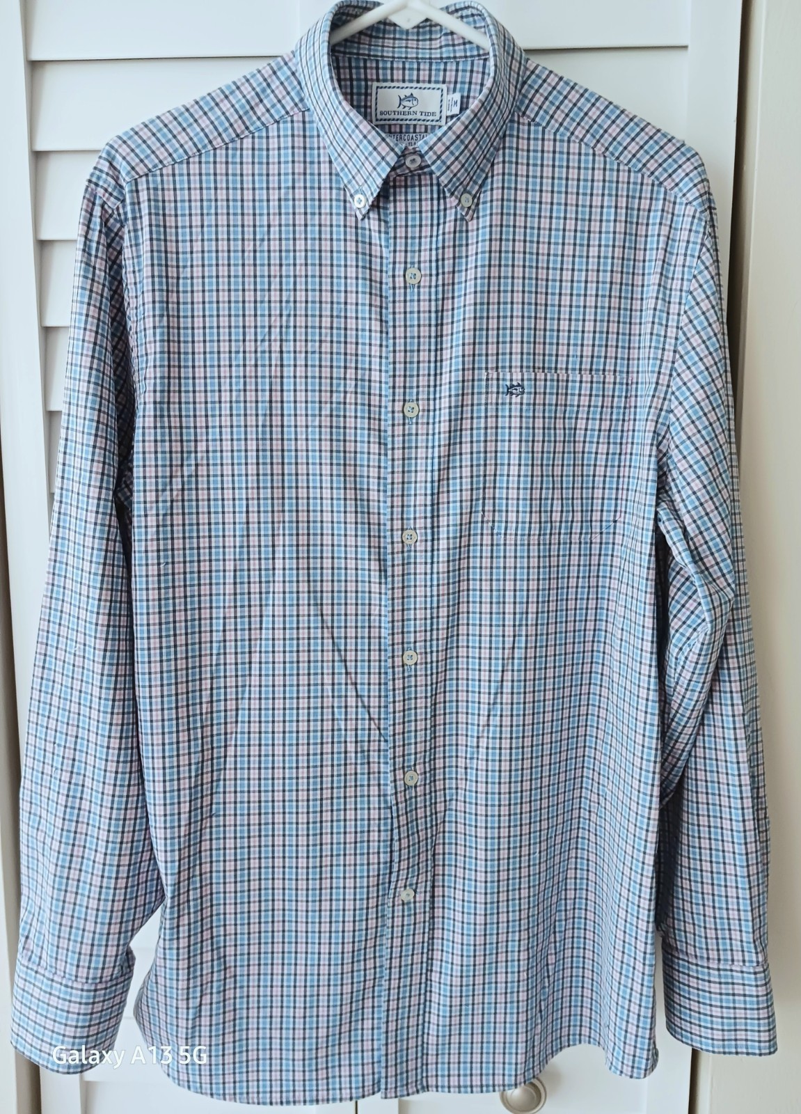 Southern Tide Intercoastal Blue Pink Check Nylon/Span LS Shirt Logo Men’s M EUC