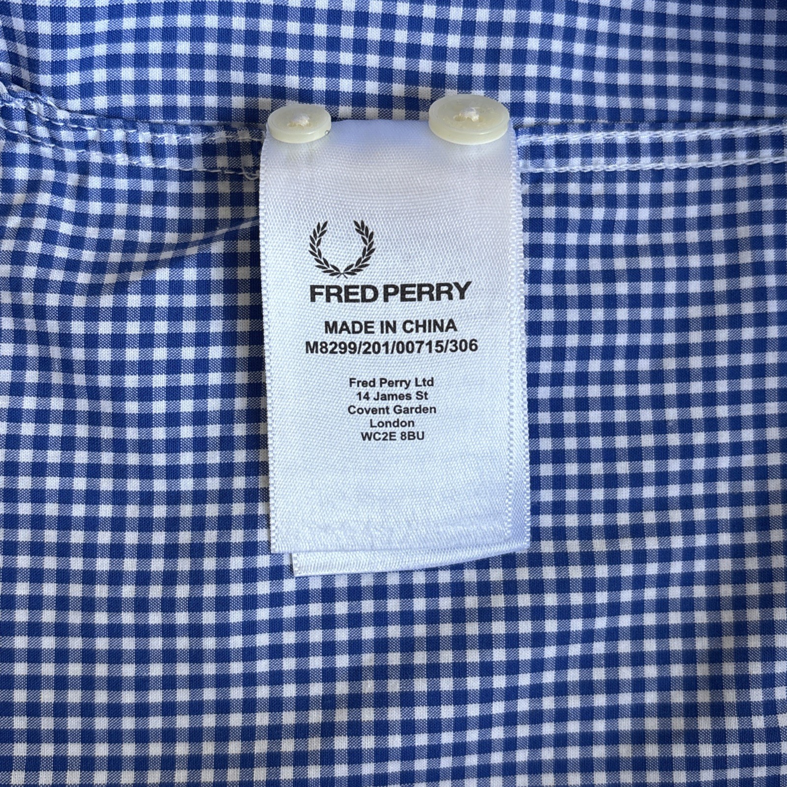 Fred Perry Gingham Check Shirt Men’s Large L Blue White Cotton Button Down
