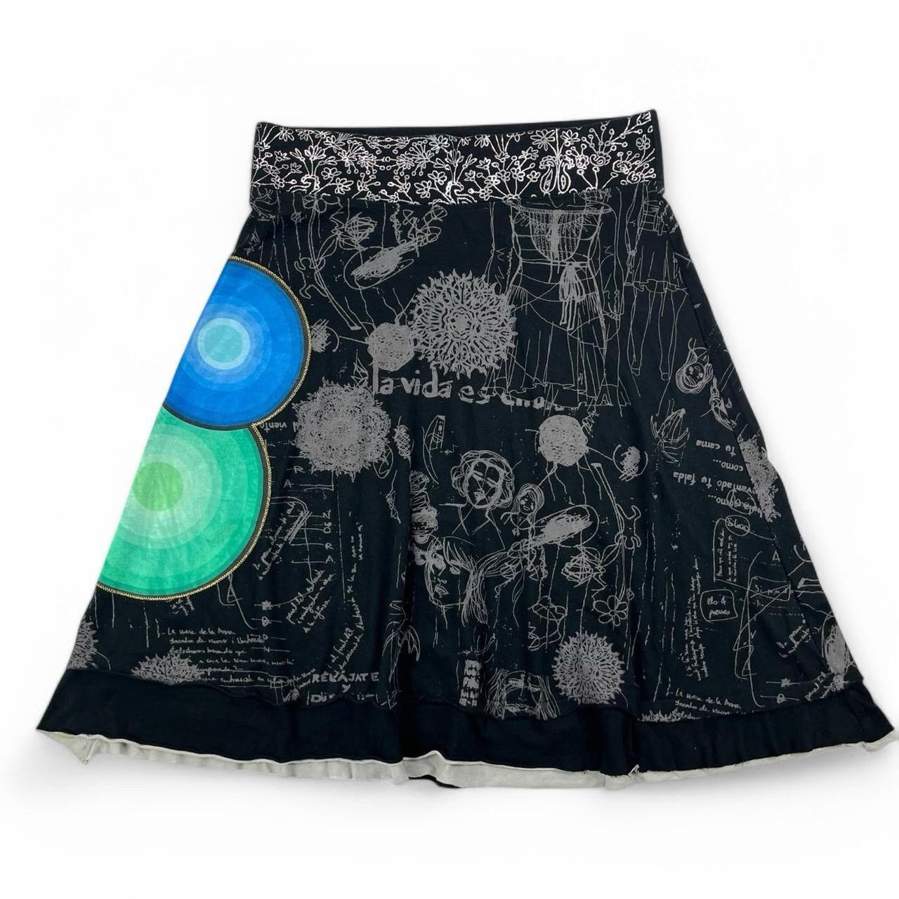Y2k desigual black and grey graphic aline skater mini skirt size medium