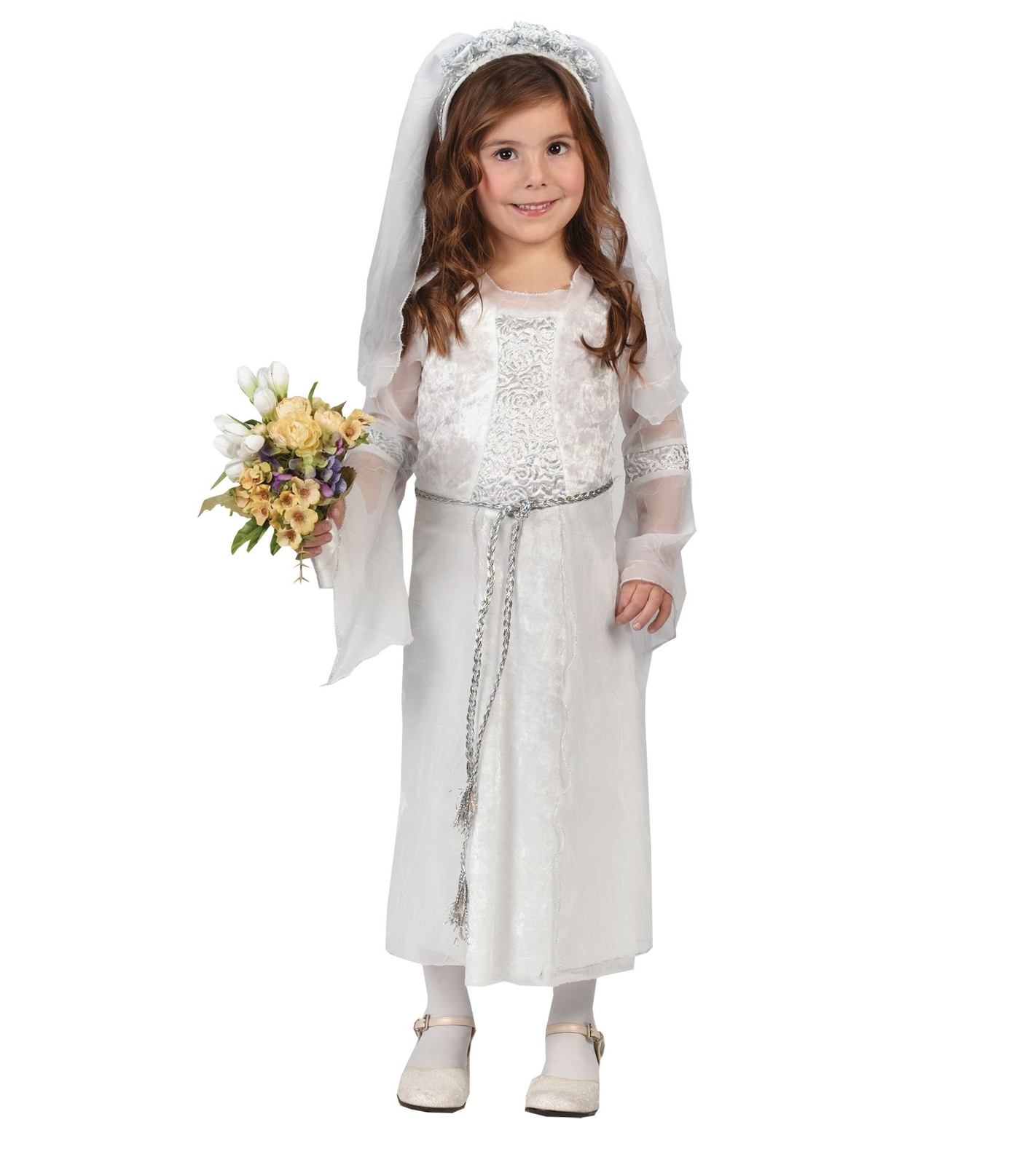 Fun World – Elegant Bride Costume White Dress – Belt – Veil Headpiece Small Size